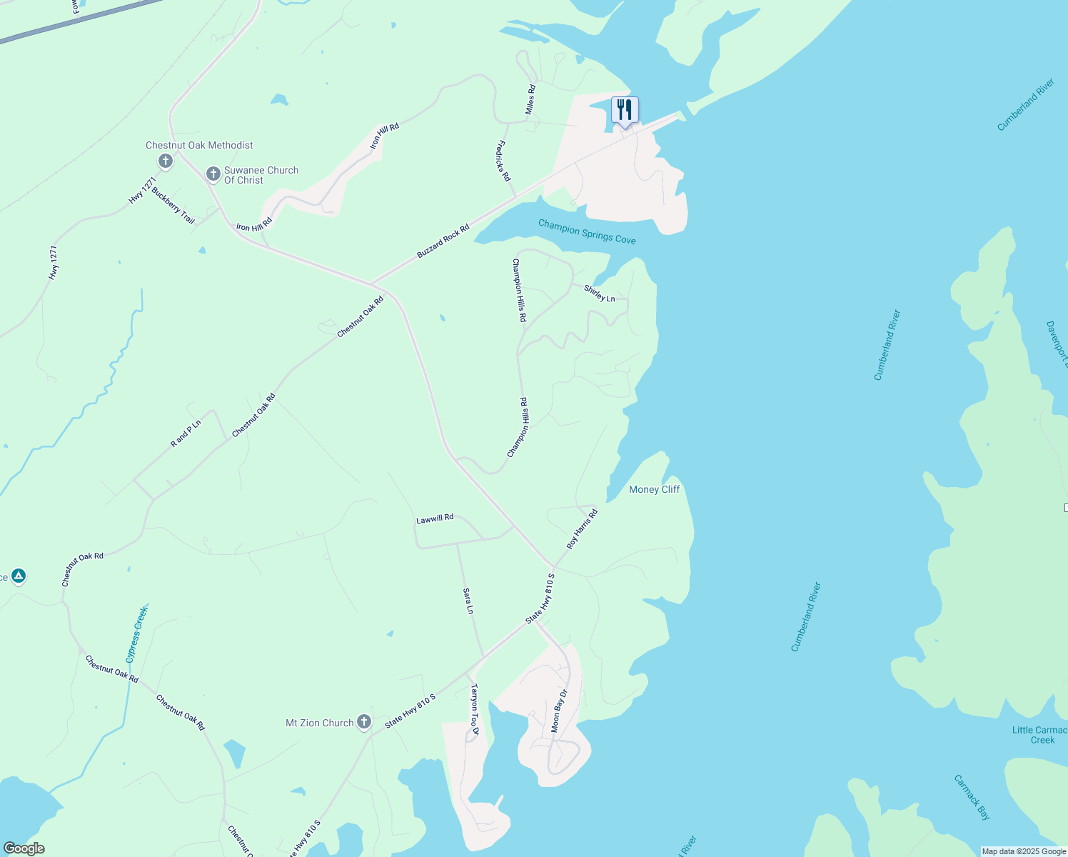 map of restaurants, bars, coffee shops, grocery stores, and more near 1044 Champion Hills Road in Kuttawa