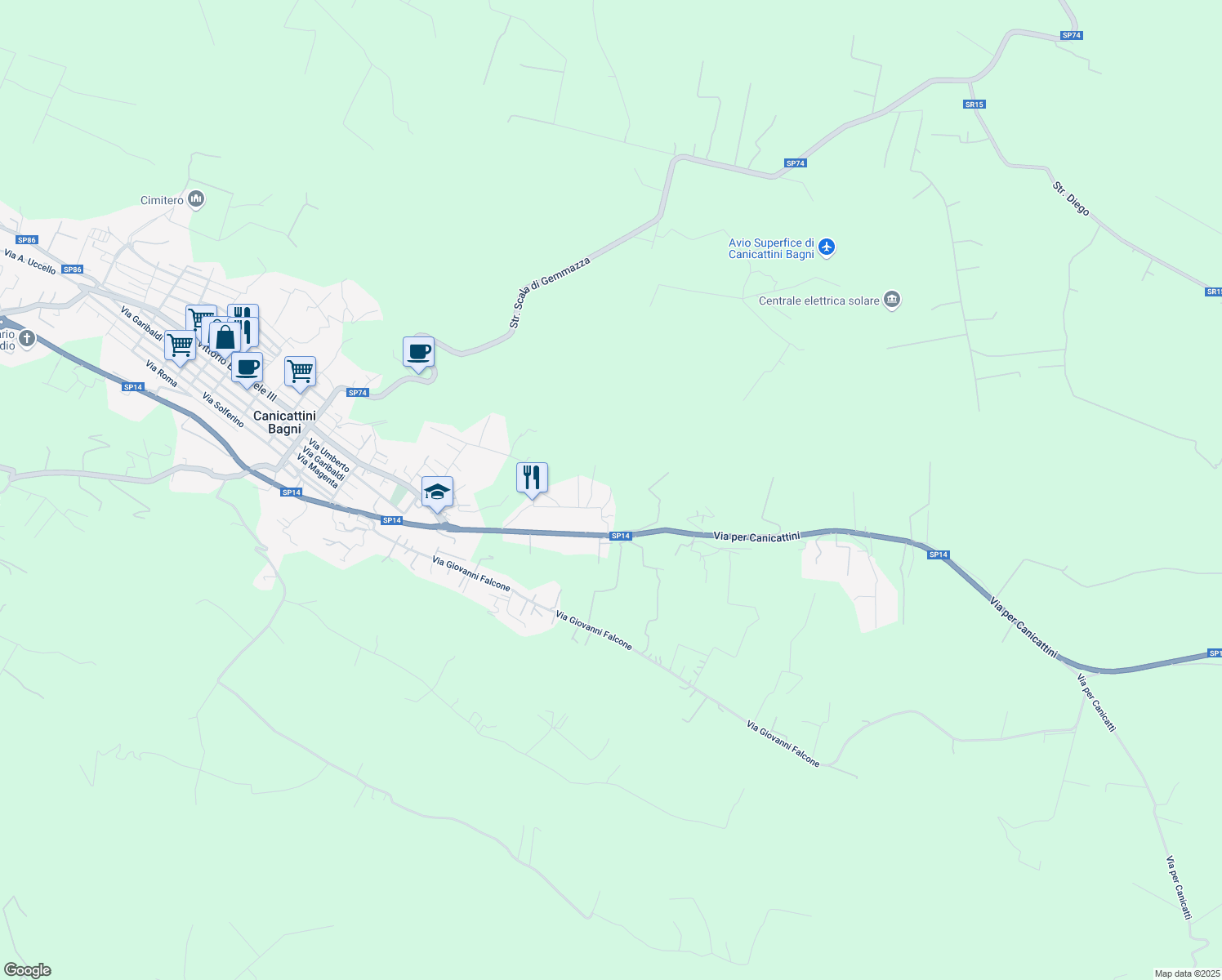 map of restaurants, bars, coffee shops, grocery stores, and more near 25 Contrada Sabatù in Libero consorzio comunale di Siracusa