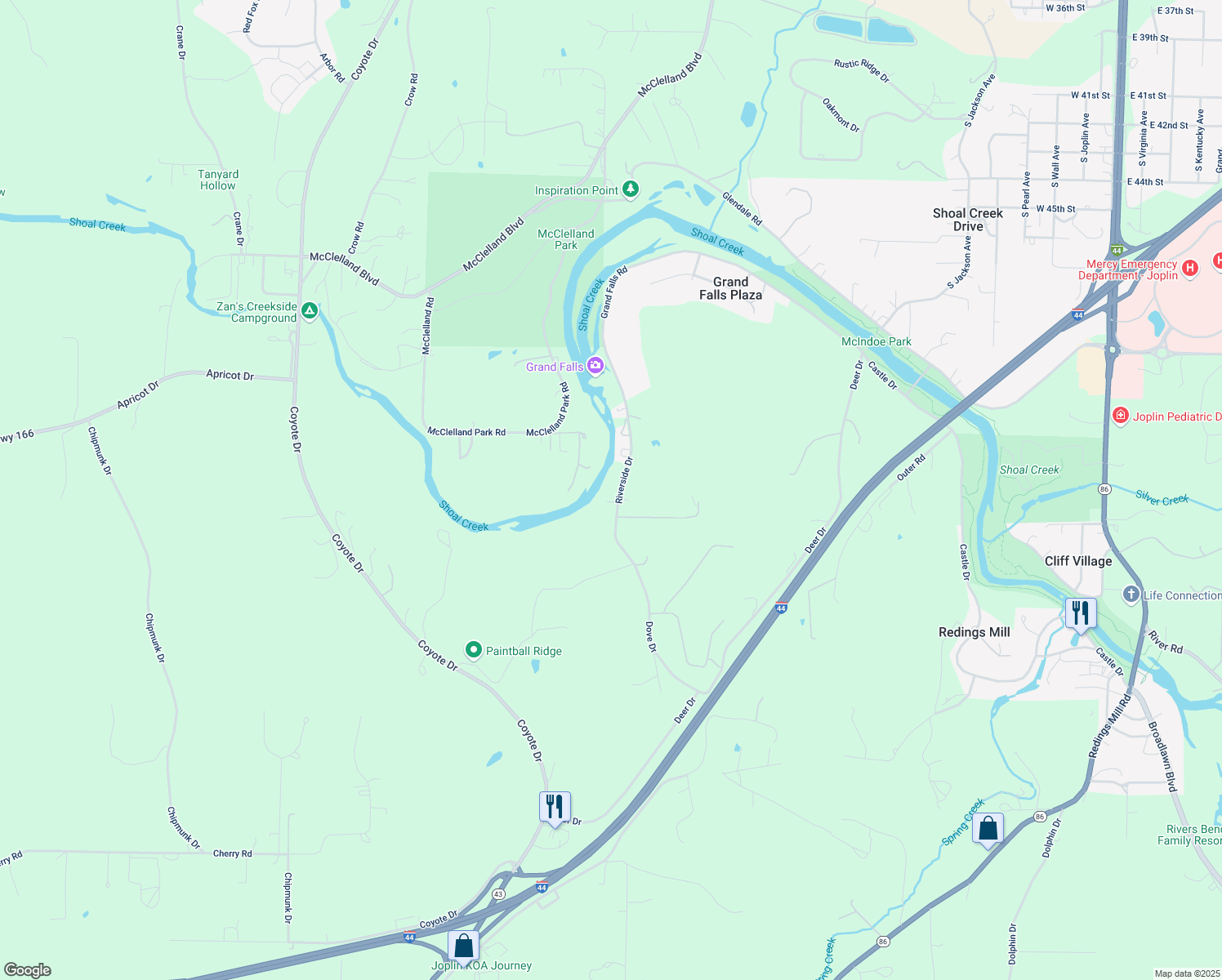 map of restaurants, bars, coffee shops, grocery stores, and more near 5540 Riverside Drive in Joplin