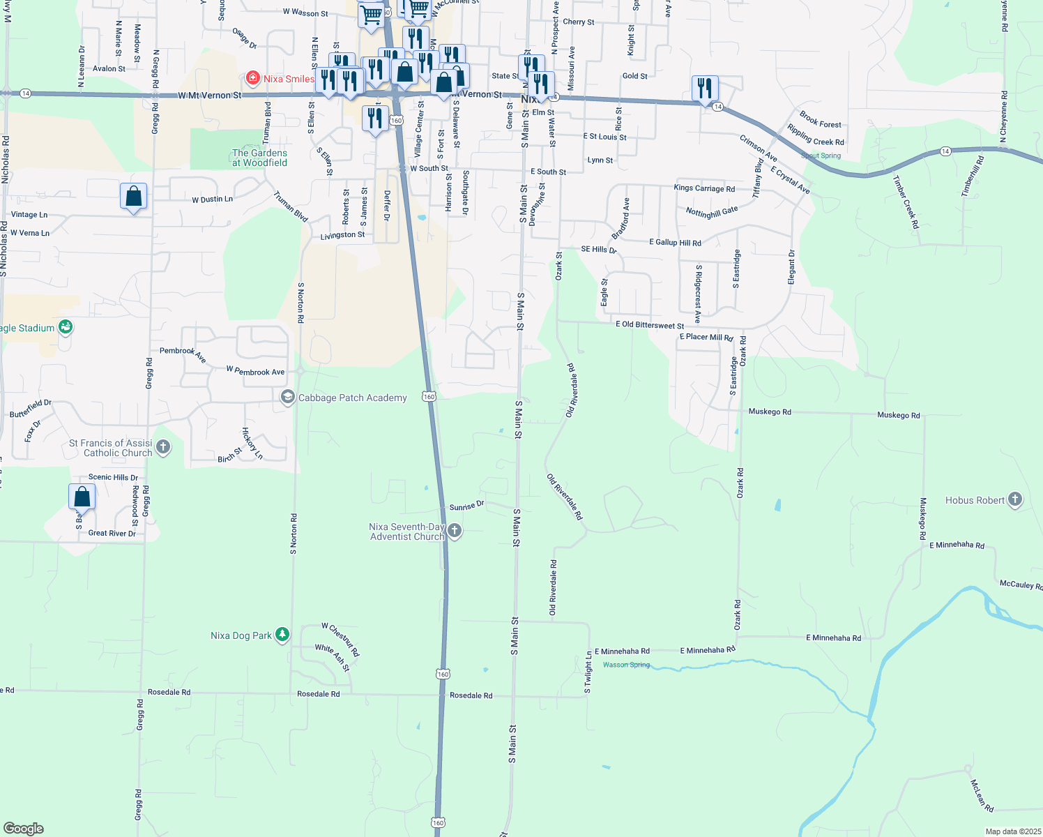 map of restaurants, bars, coffee shops, grocery stores, and more near 956-962 South Main Street in Nixa