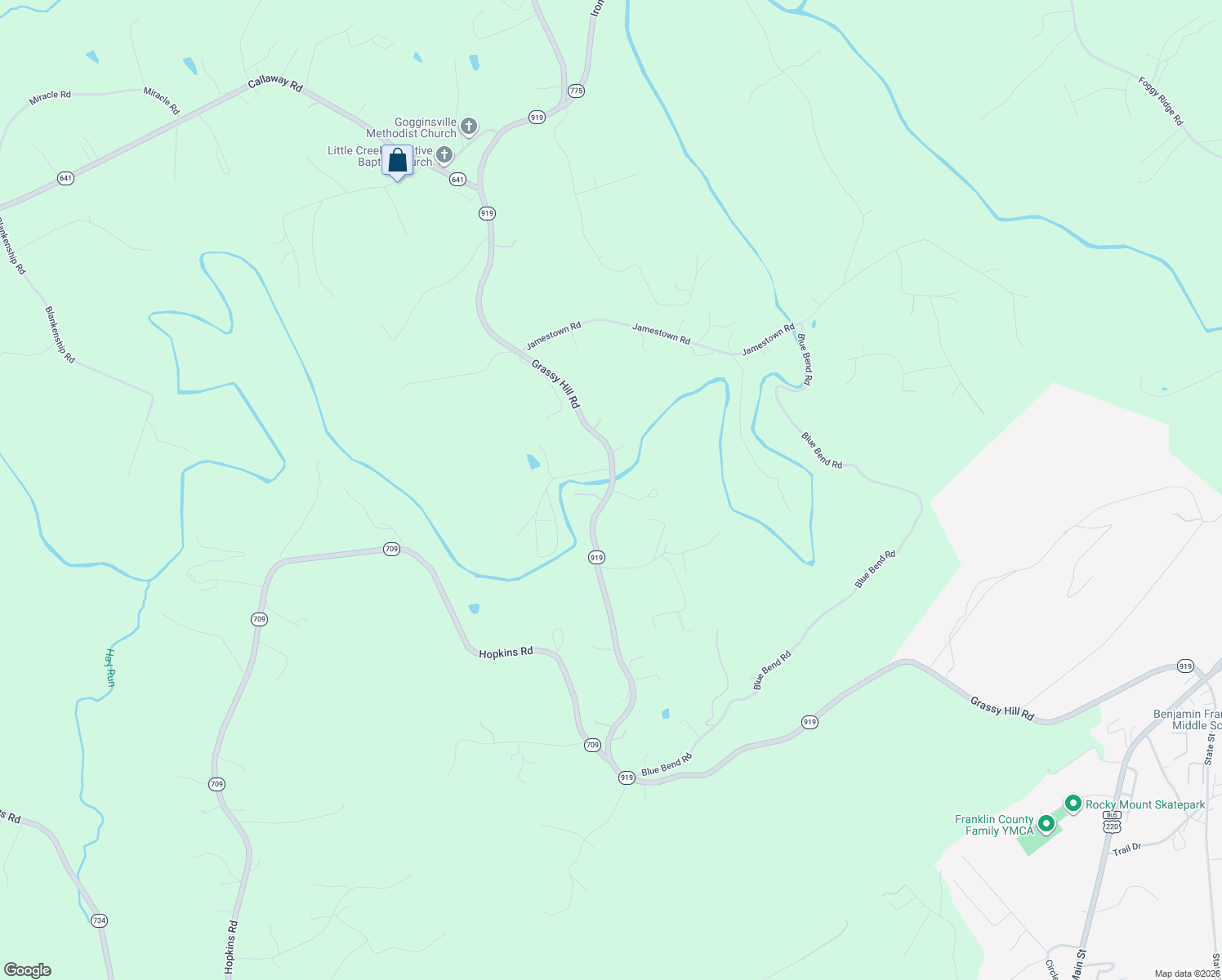 map of restaurants, bars, coffee shops, grocery stores, and more near 55 Springhouse Road in Rocky Mount