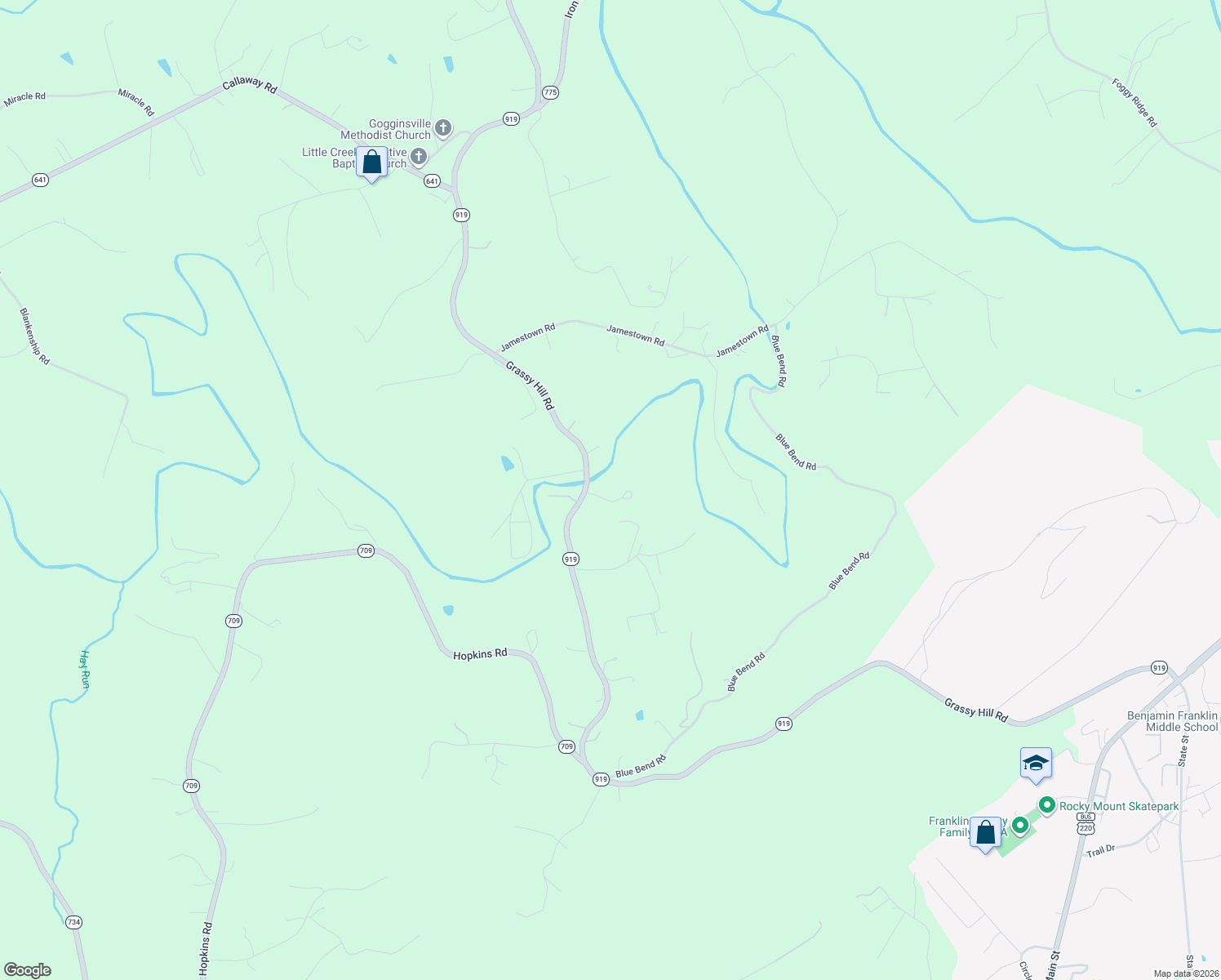 map of restaurants, bars, coffee shops, grocery stores, and more near 55 Springhouse Road in Rocky Mount
