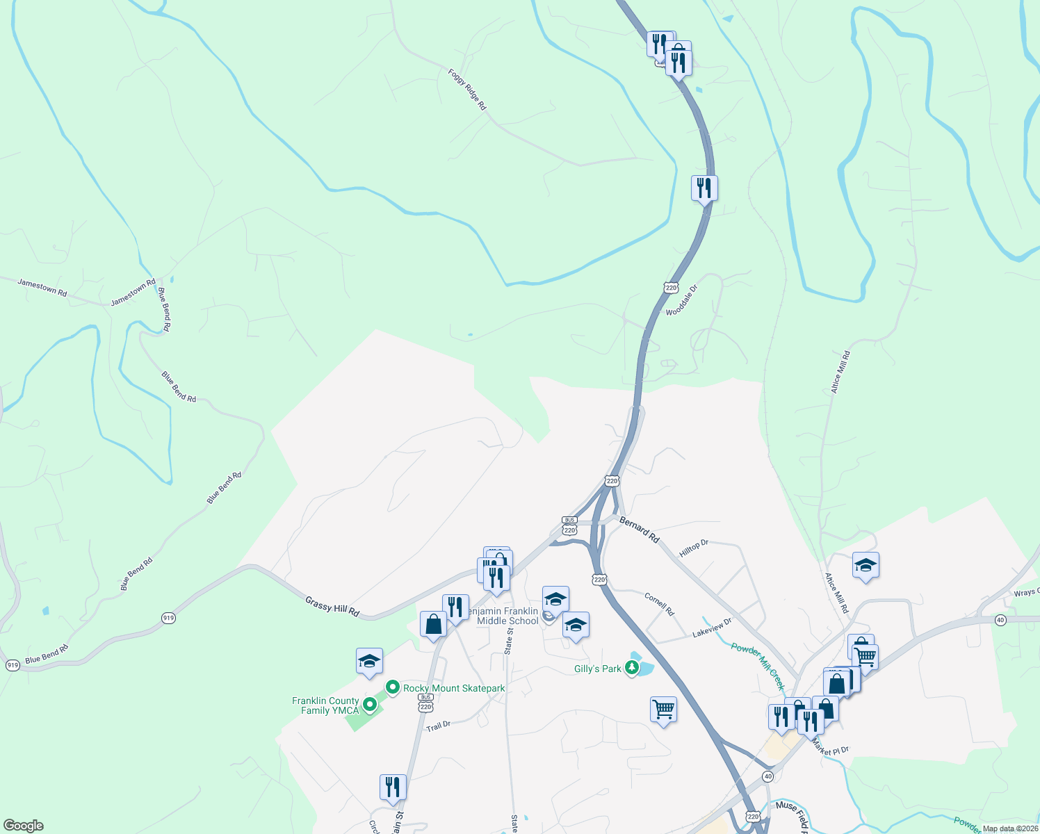 map of restaurants, bars, coffee shops, grocery stores, and more near Penny Lane in Rocky Mount