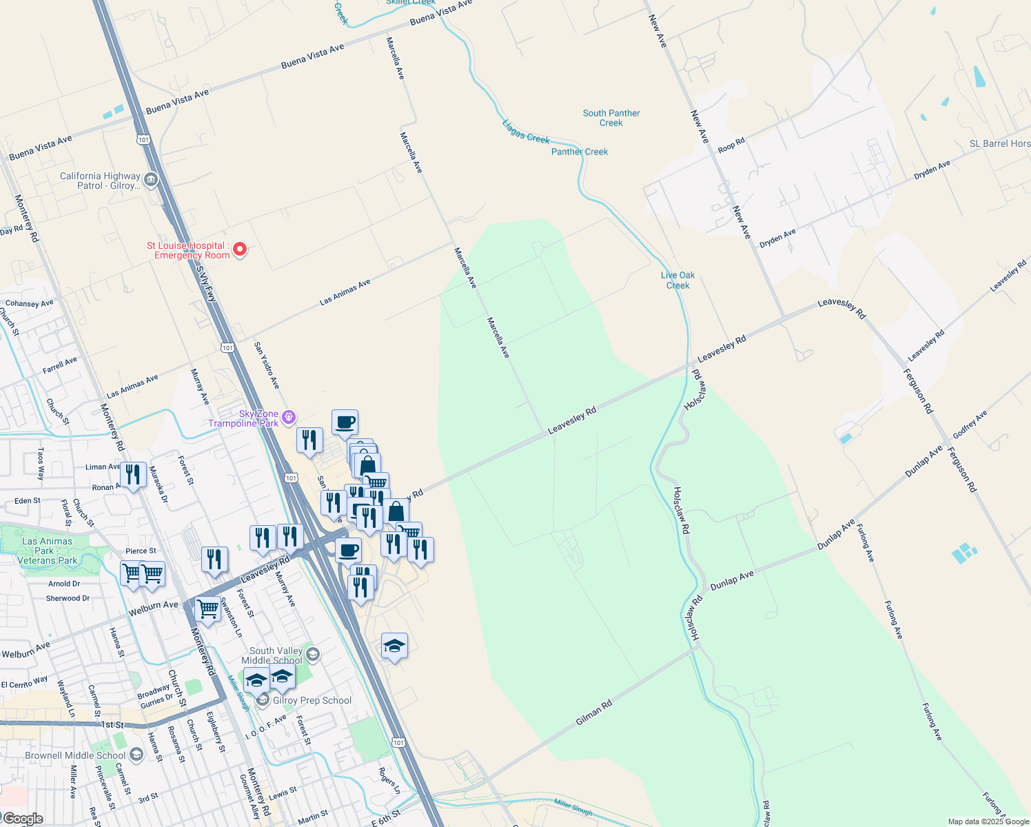 map of restaurants, bars, coffee shops, grocery stores, and more near 8465 Marcella Ave in Gilroy