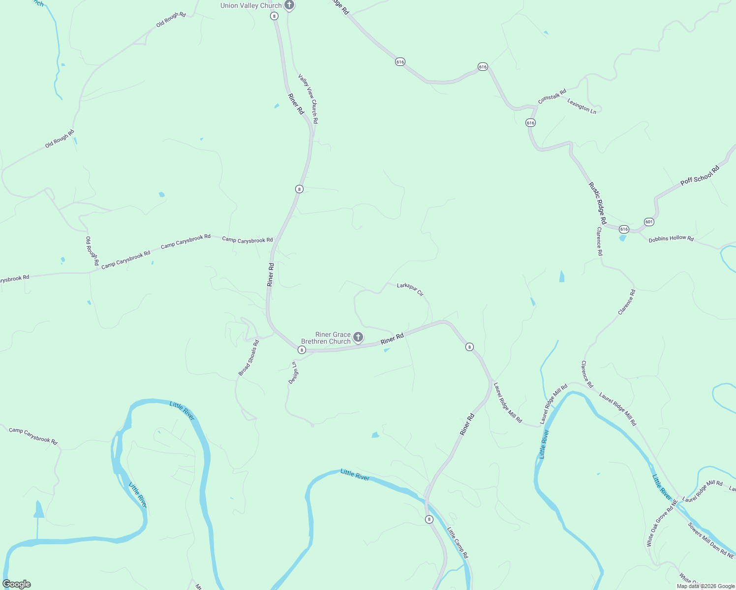 map of restaurants, bars, coffee shops, grocery stores, and more near 5850 Riner Road in Riner