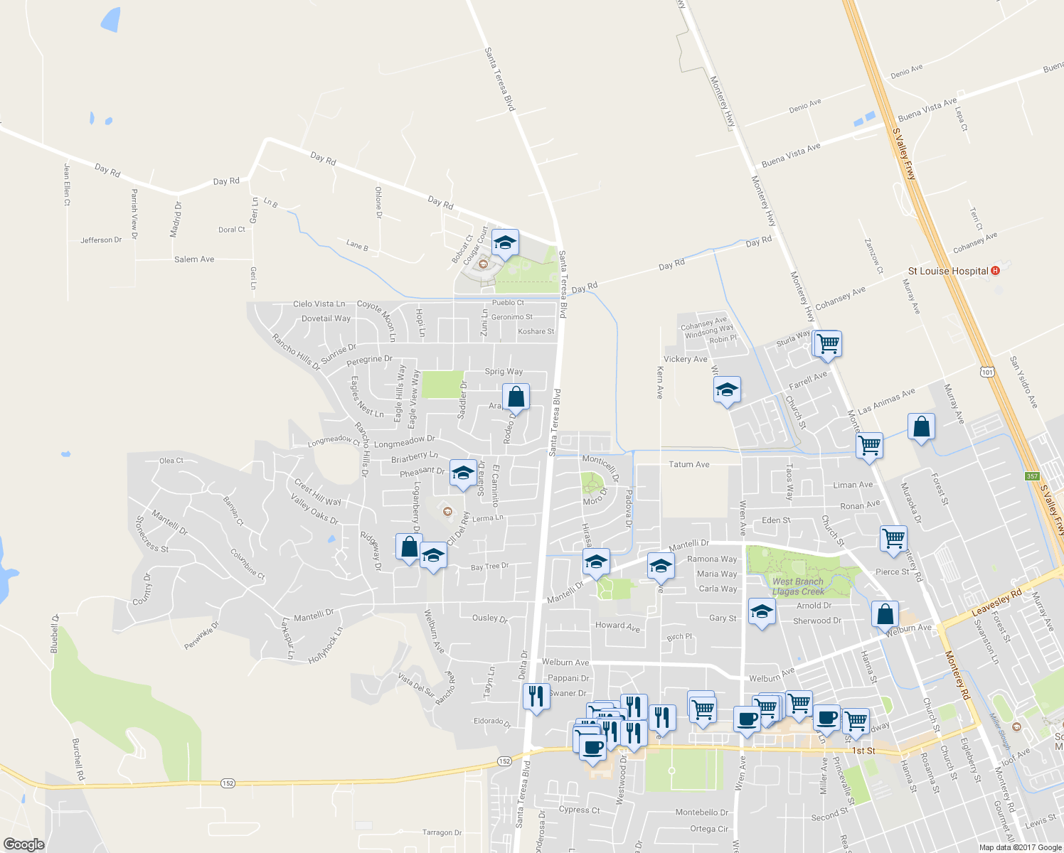 map of restaurants, bars, coffee shops, grocery stores, and more near 9336 Lariat Drive in Gilroy