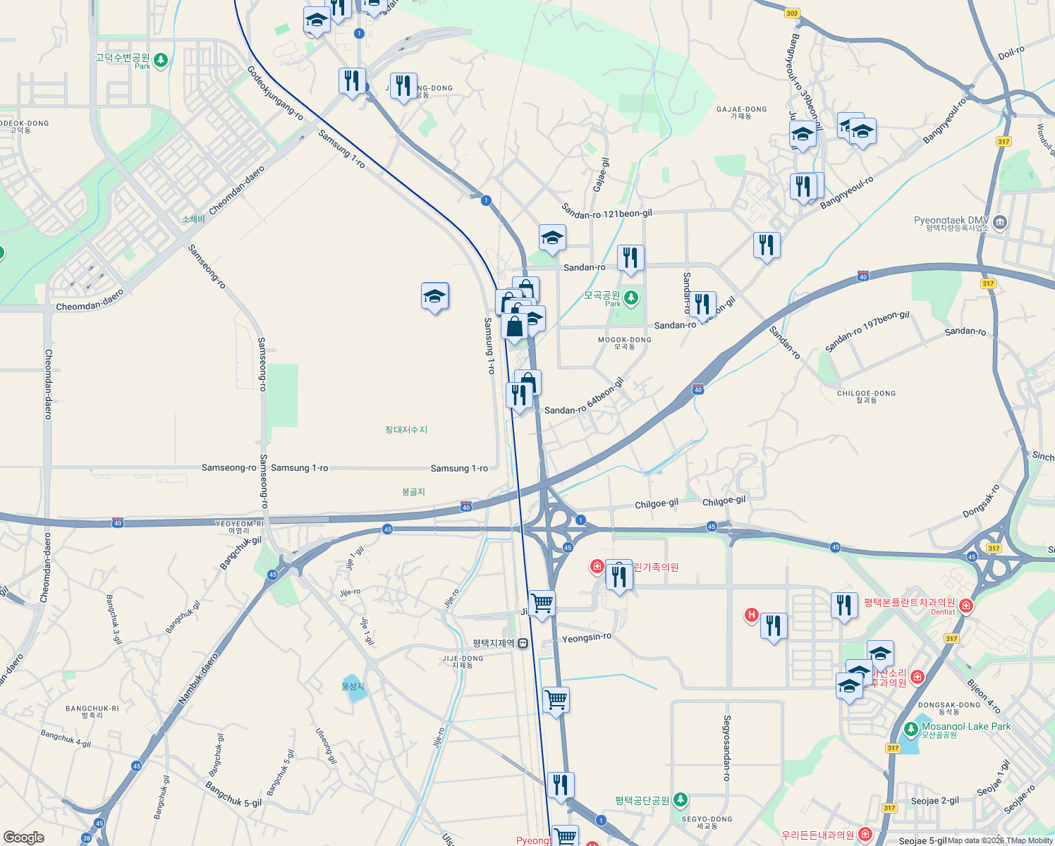 map of restaurants, bars, coffee shops, grocery stores, and more near in Pyeongtaek-si
