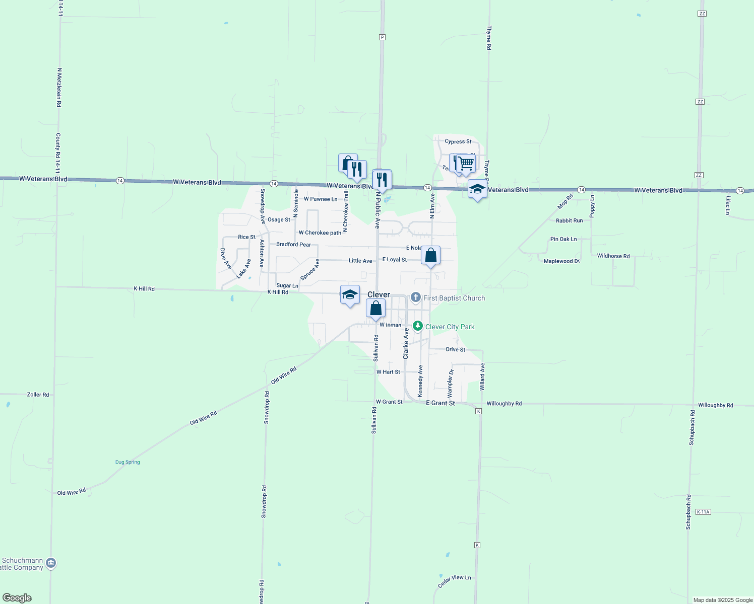 map of restaurants, bars, coffee shops, grocery stores, and more near South Public Avenue in Clever