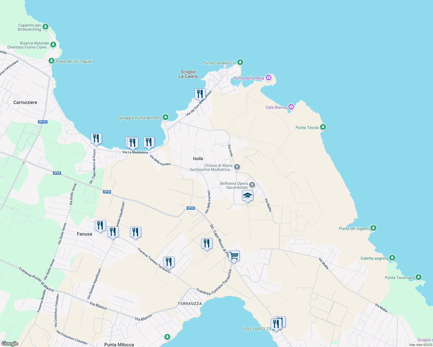 map of restaurants, bars, coffee shops, grocery stores, and more near 32 Traversa Tre Case in Libero consorzio comunale di Siracusa