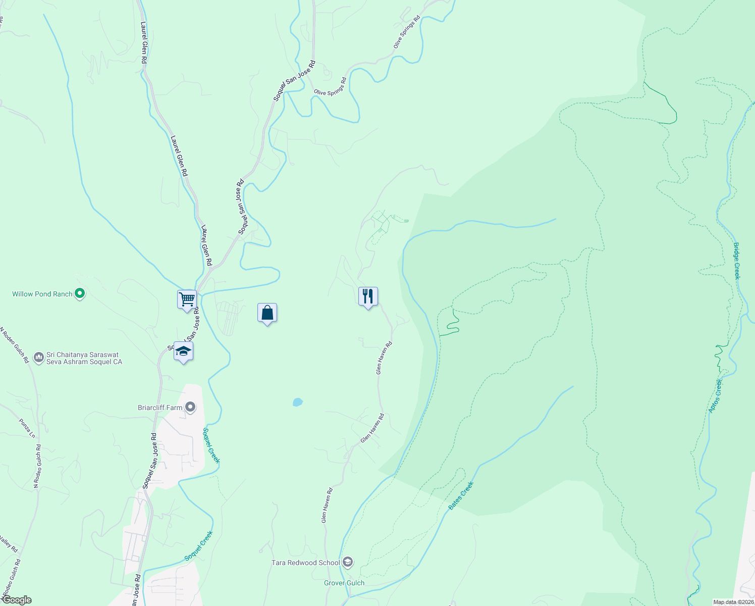 map of restaurants, bars, coffee shops, grocery stores, and more near 8055 Glen Haven Road in Soquel