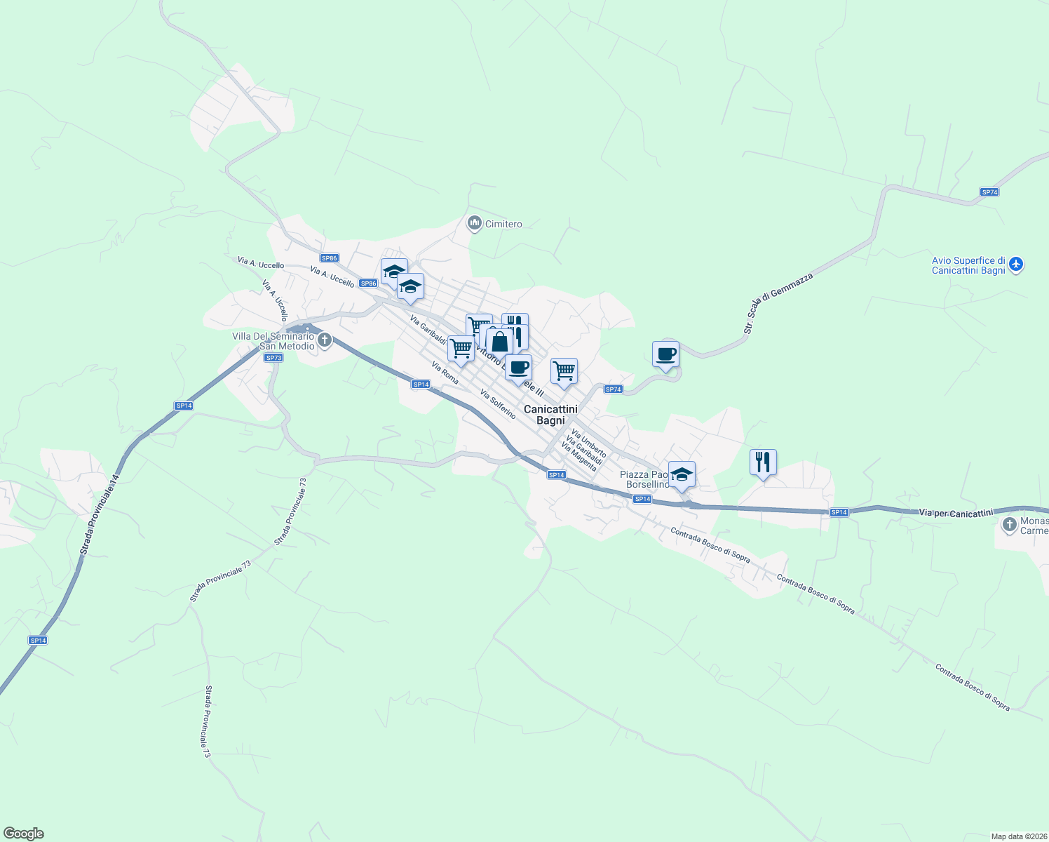 map of restaurants, bars, coffee shops, grocery stores, and more near 37 Via Masaniello in Canicattini Bagni