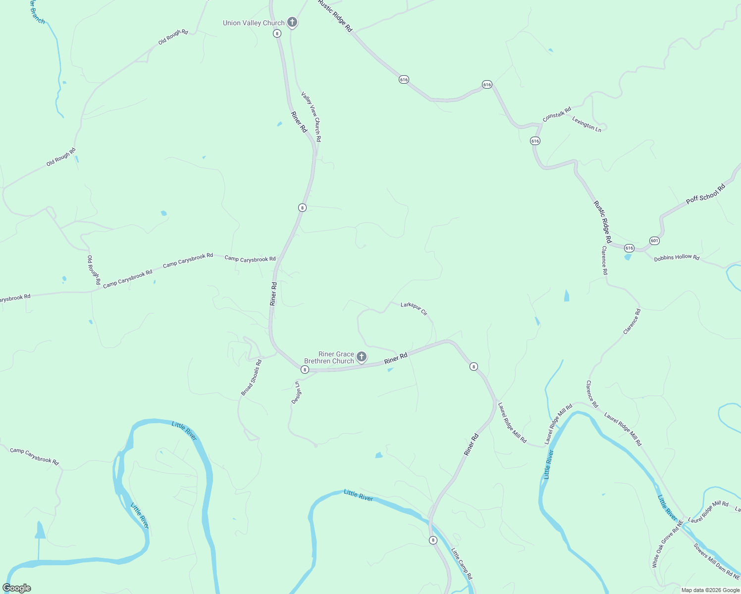 map of restaurants, bars, coffee shops, grocery stores, and more near 5850 Riner Road in Riner