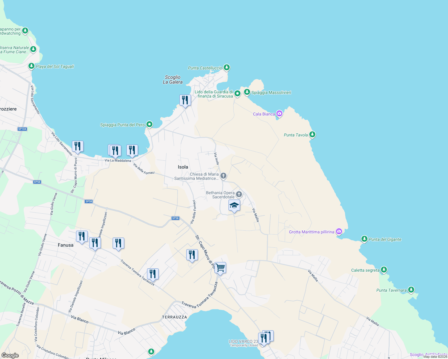 map of restaurants, bars, coffee shops, grocery stores, and more near 1 Via Mallia in Libero consorzio comunale di Siracusa