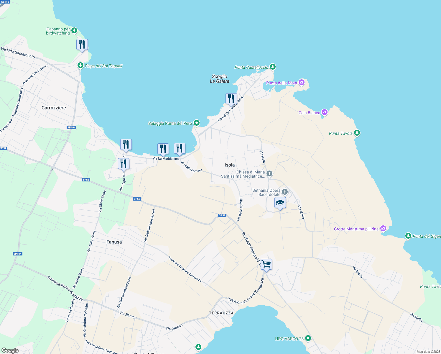 map of restaurants, bars, coffee shops, grocery stores, and more near 32 Via delle Fornaci in Isola