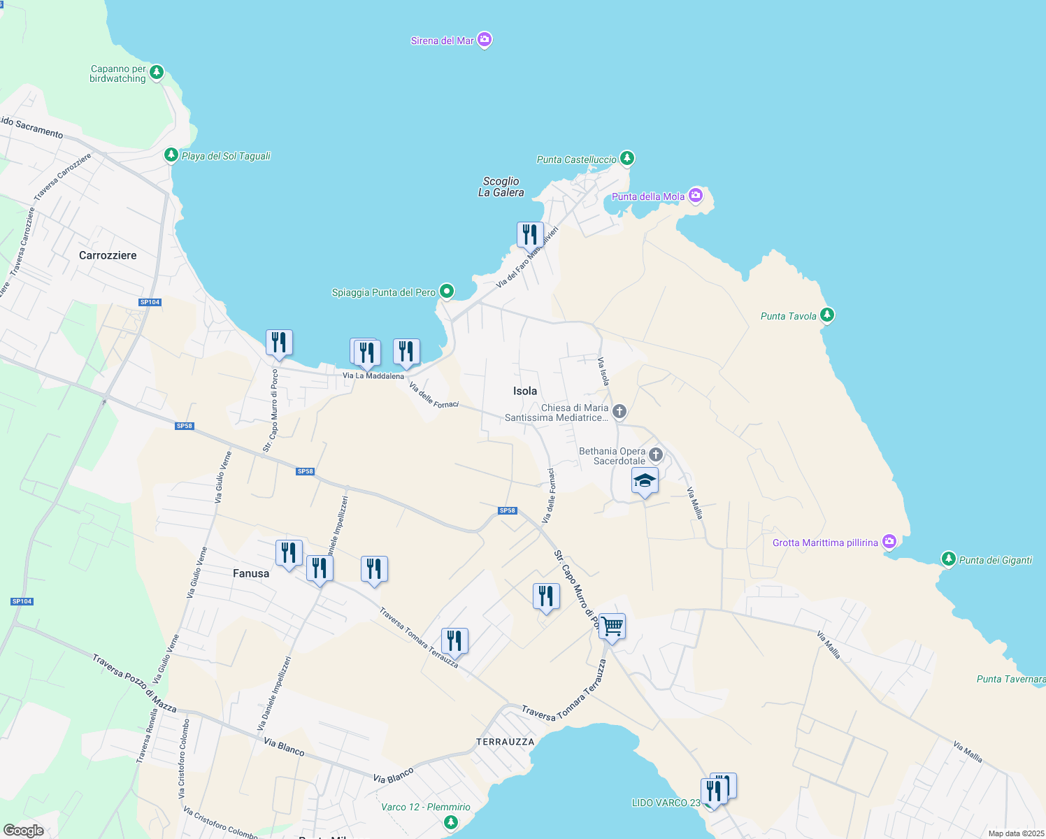 map of restaurants, bars, coffee shops, grocery stores, and more near 37 Via Giuseppe L'Innografo in Isola