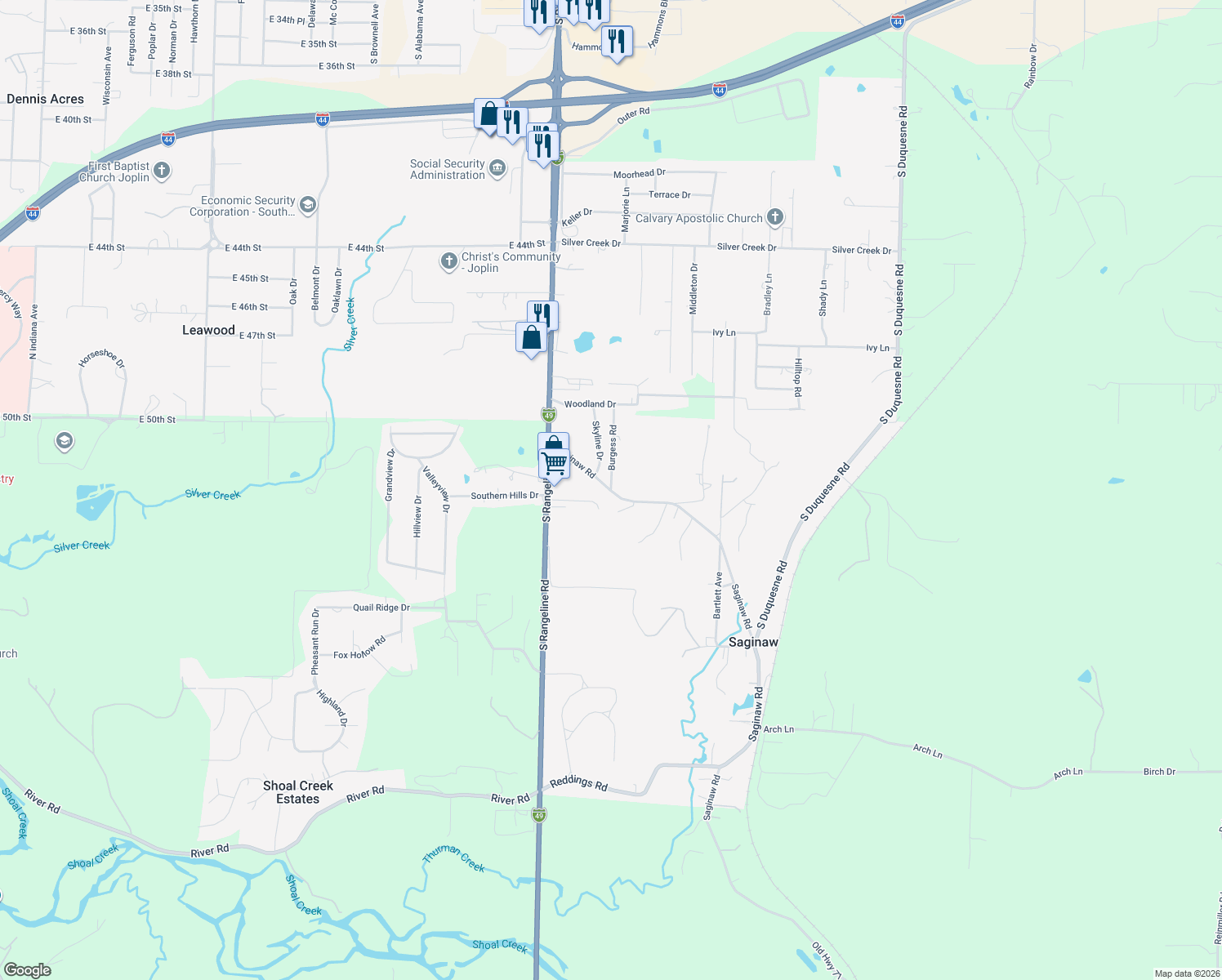 map of restaurants, bars, coffee shops, grocery stores, and more near 301 Saginaw Rd in Joplin