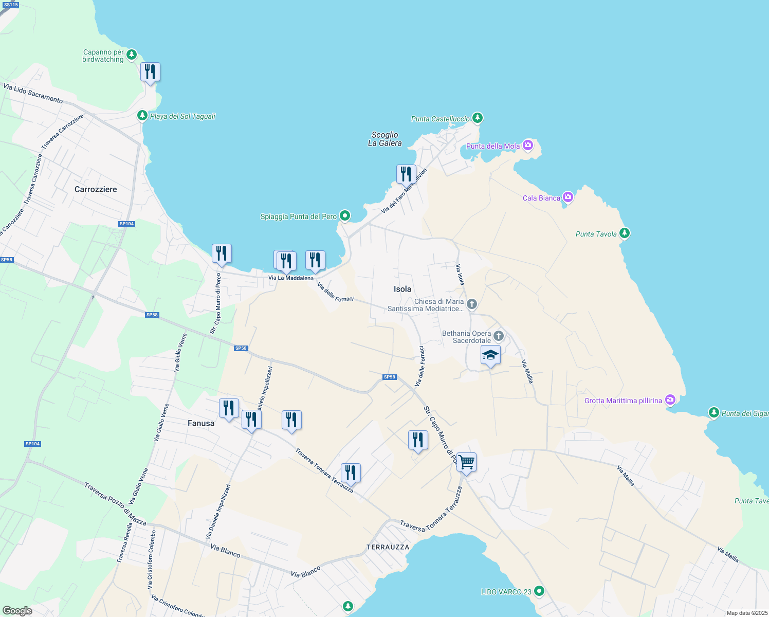 map of restaurants, bars, coffee shops, grocery stores, and more near 32 Via delle Fornaci in Isola
