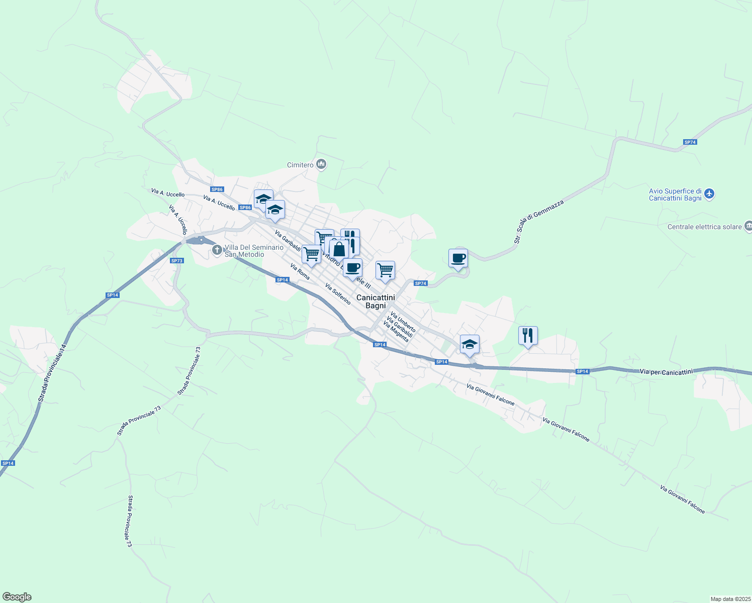 map of restaurants, bars, coffee shops, grocery stores, and more near 256 Via Garibaldi in Canicattini Bagni