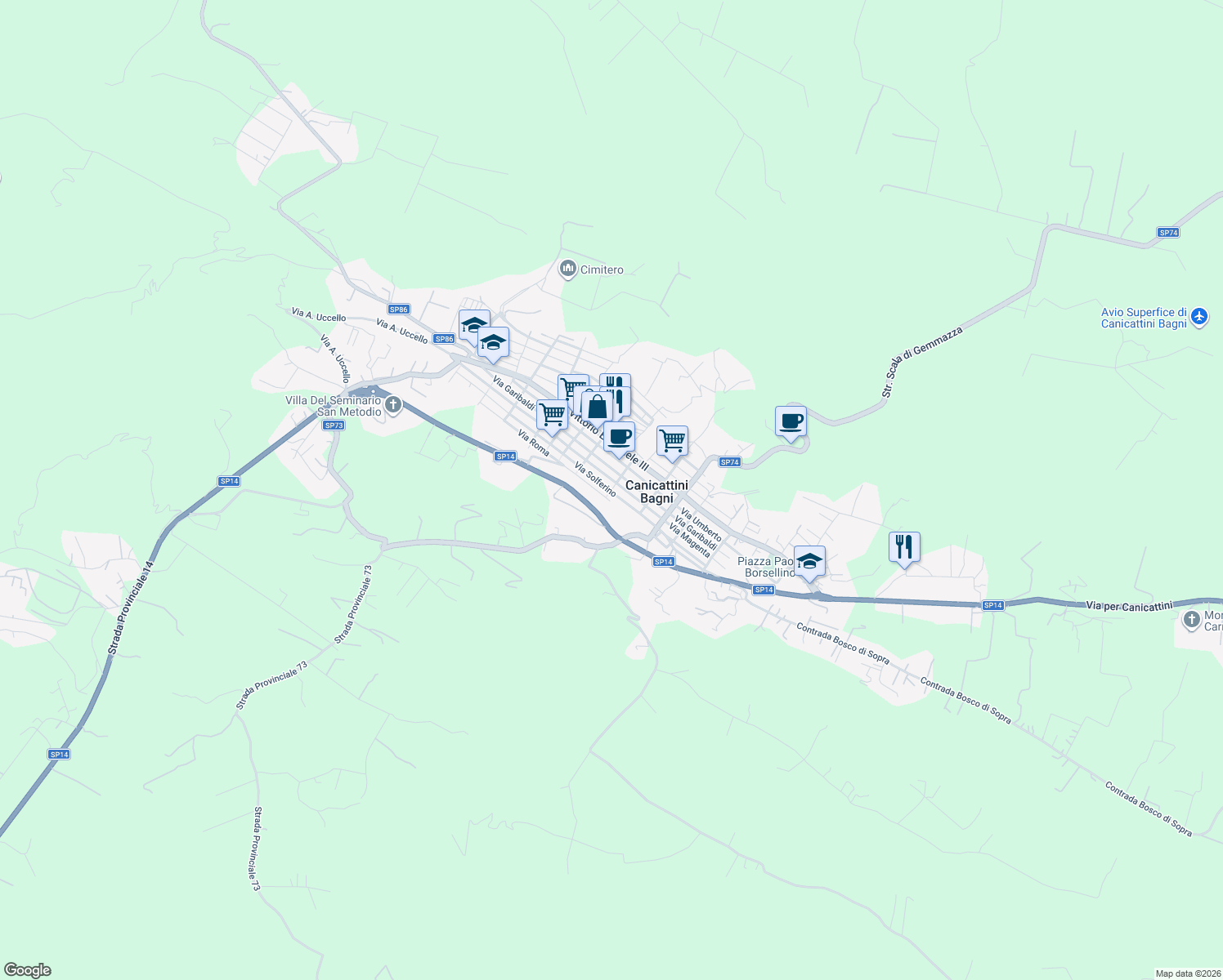 map of restaurants, bars, coffee shops, grocery stores, and more near 37 Via Masaniello in Canicattini Bagni