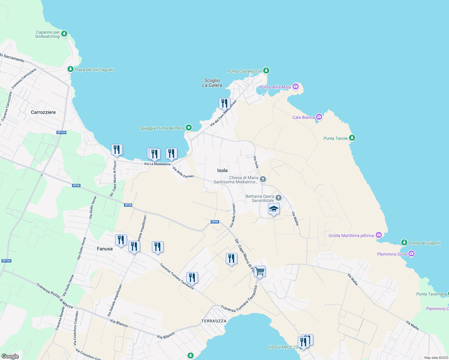map of restaurants, bars, coffee shops, grocery stores, and more near 37 Via Giuseppe L'Innografo in Isola