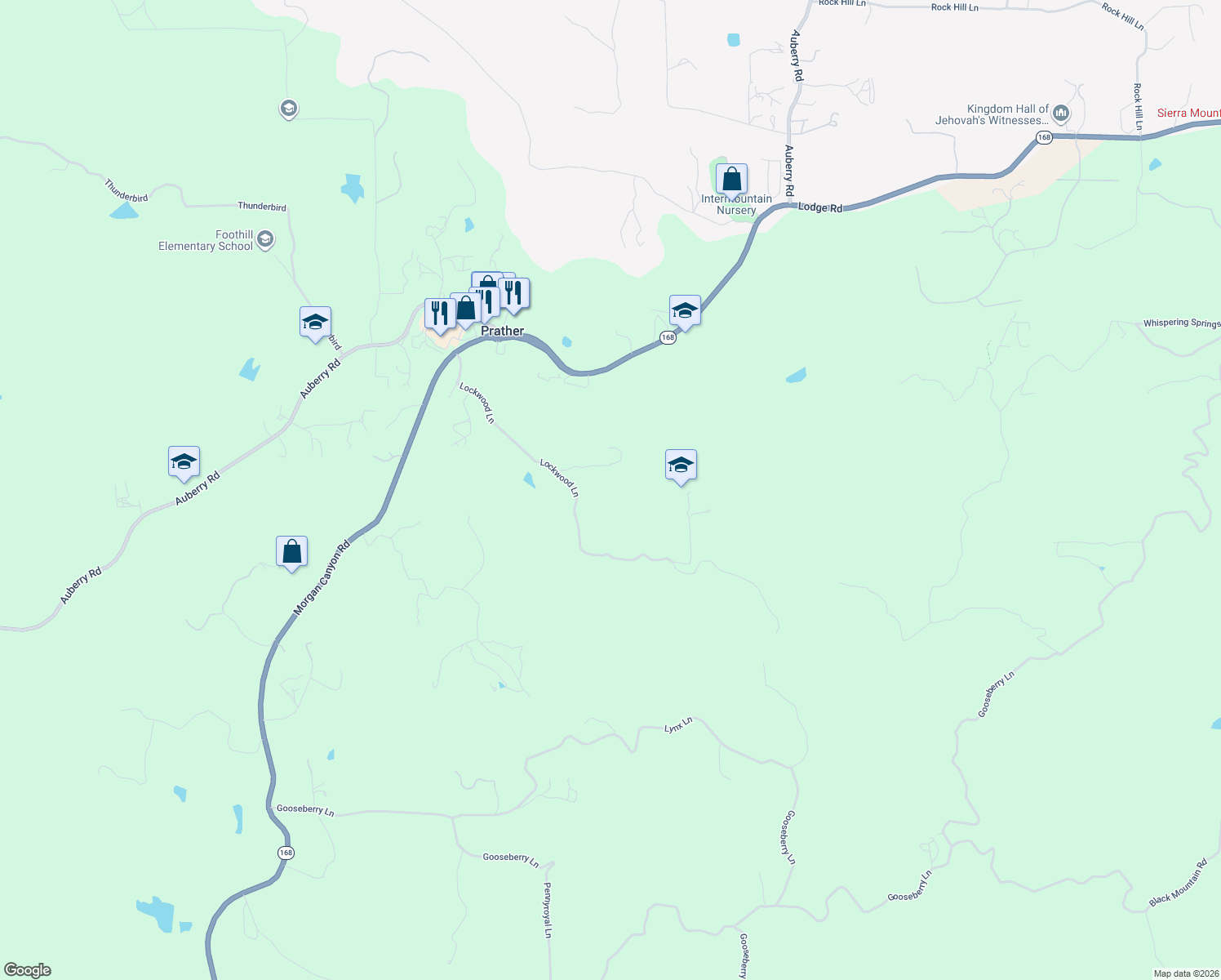 map of restaurants, bars, coffee shops, grocery stores, and more near 31850 Lockwood Lane in Prather