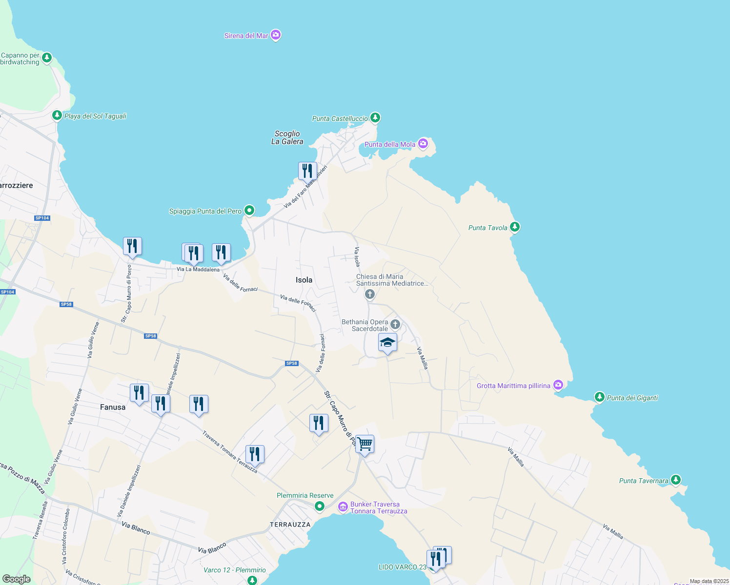 map of restaurants, bars, coffee shops, grocery stores, and more near 13 Via Isola in Isola