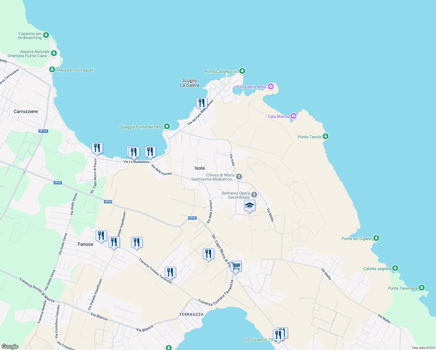 map of restaurants, bars, coffee shops, grocery stores, and more near 32 Traversa Tre Case in Provincia di Siracusa