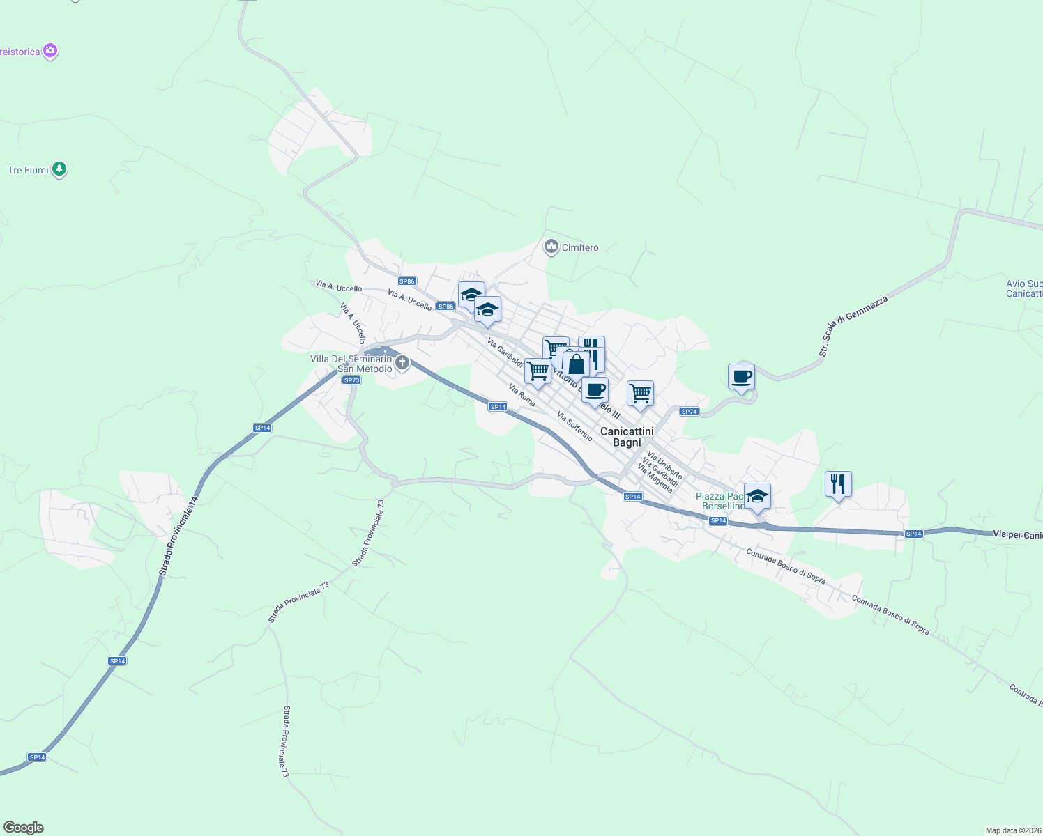 map of restaurants, bars, coffee shops, grocery stores, and more near 120 Via Silvio Pellico in Canicattini Bagni