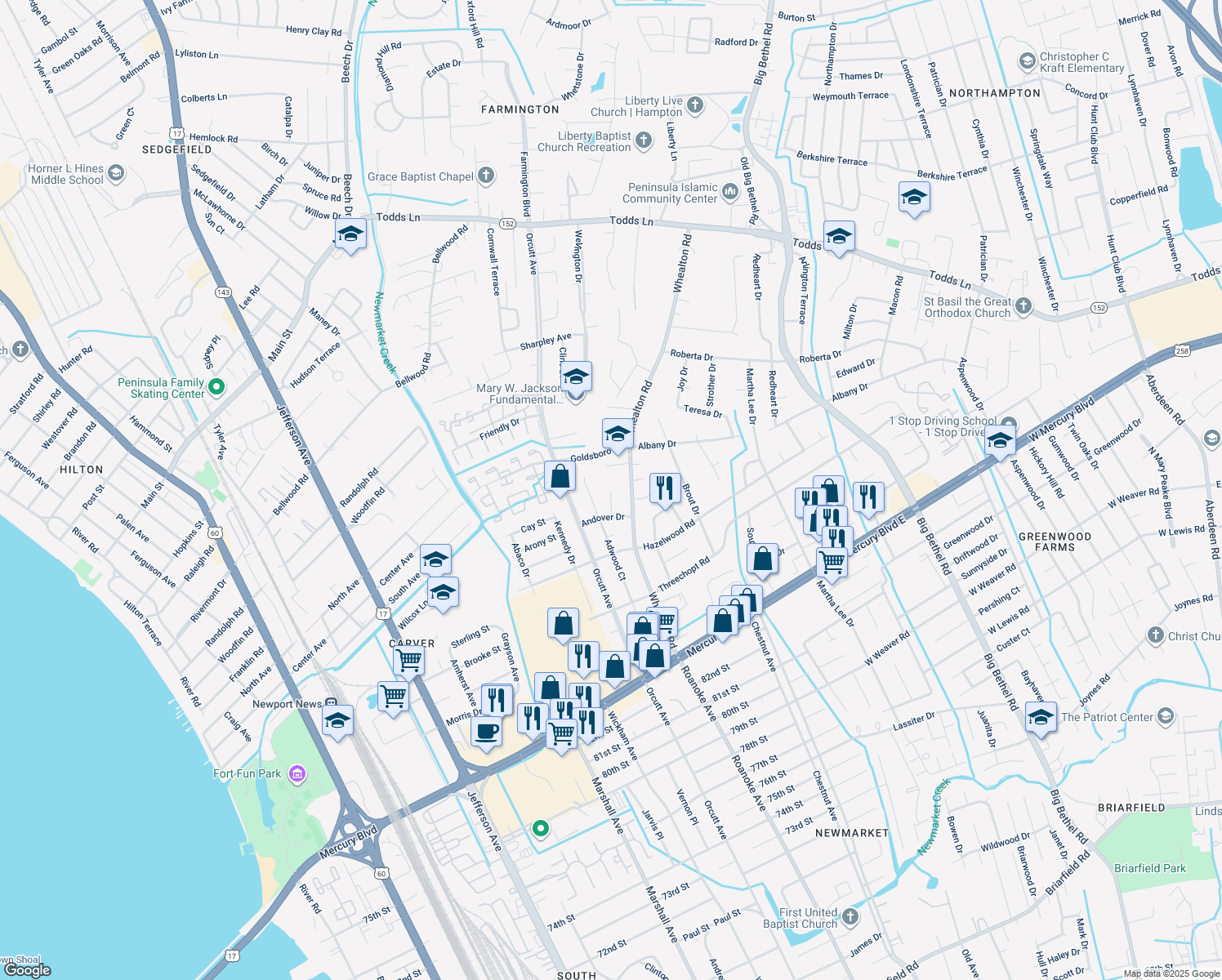 map of restaurants, bars, coffee shops, grocery stores, and more near 412 Samuelson Court in Newport News