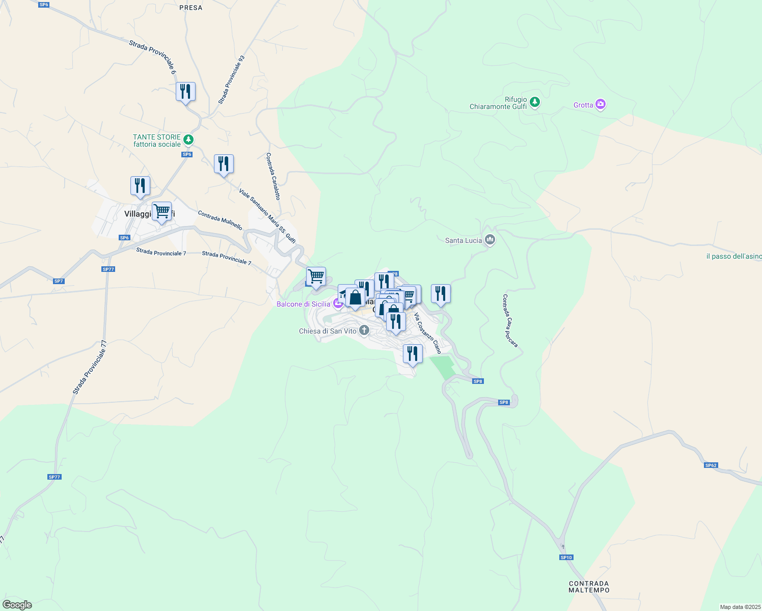 map of restaurants, bars, coffee shops, grocery stores, and more near in Chiaramonte Gulfi