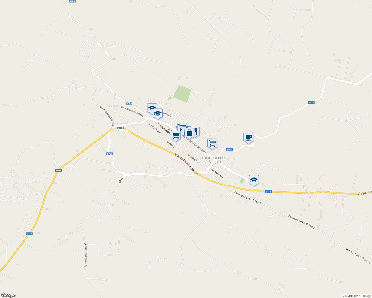 map of restaurants, bars, coffee shops, grocery stores, and more near 204 Via Magenta in Canicattini Bagni