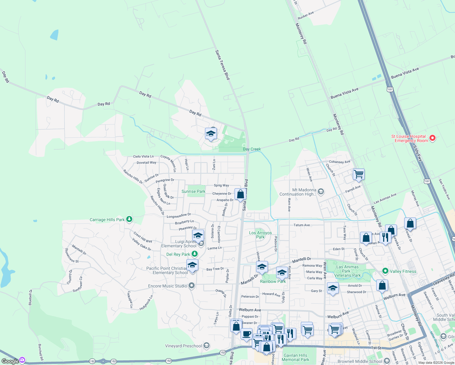 map of restaurants, bars, coffee shops, grocery stores, and more near 9642 Cherrywood Ct in Gilroy