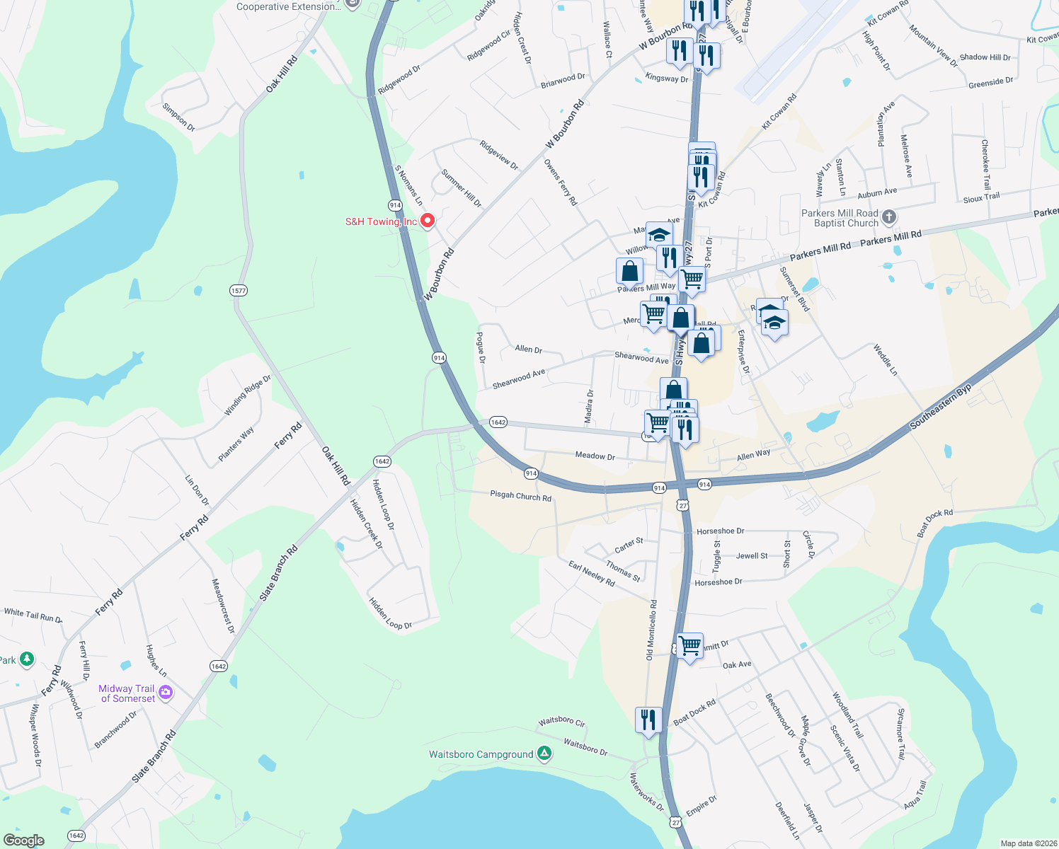 map of restaurants, bars, coffee shops, grocery stores, and more near 499 Slate Branch Rd in Somerset