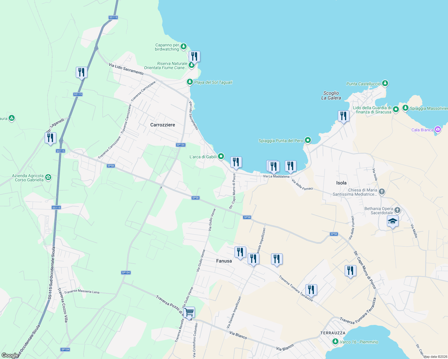 map of restaurants, bars, coffee shops, grocery stores, and more near 2 Strada Capo Murro di Porco in Carrozziere