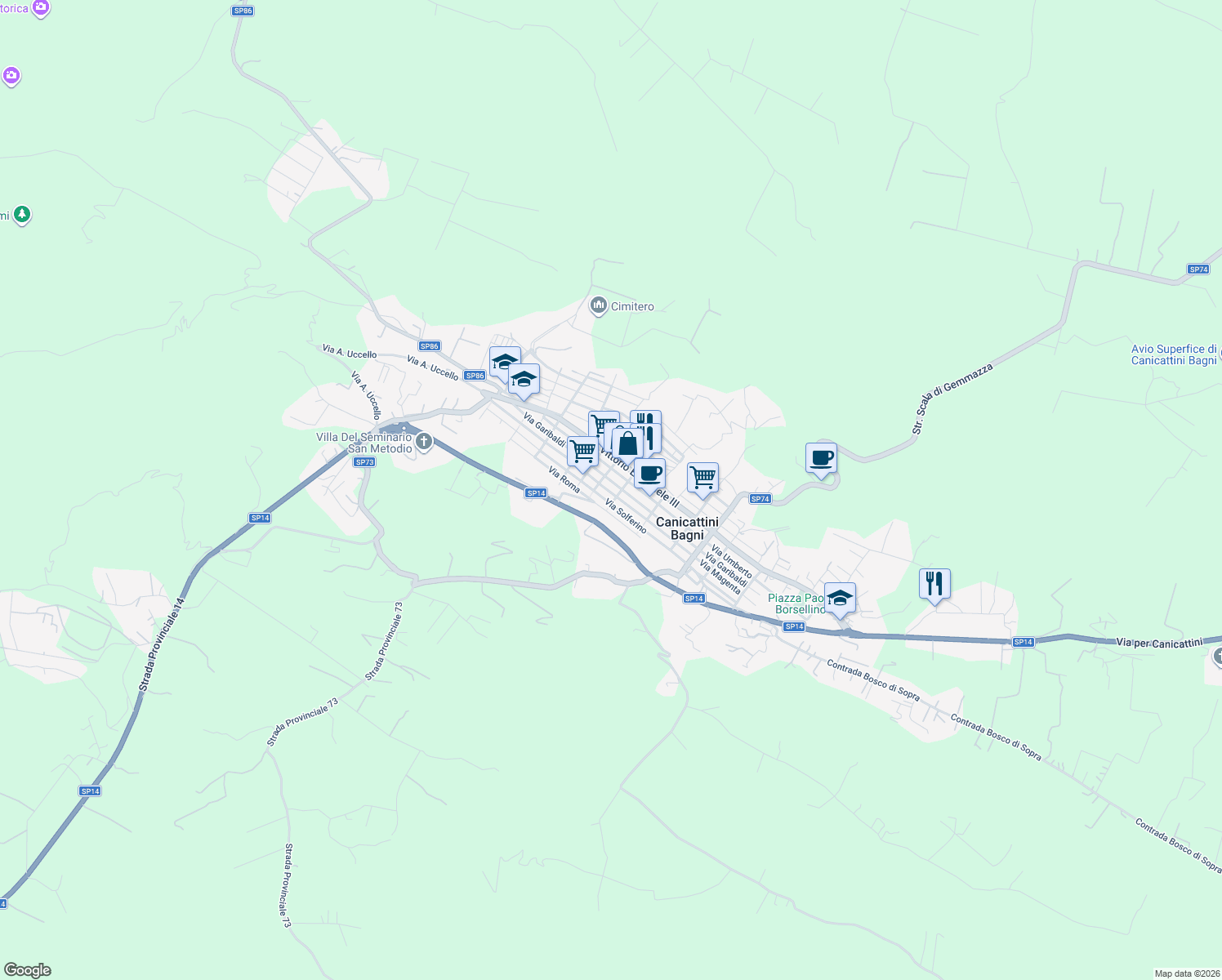 map of restaurants, bars, coffee shops, grocery stores, and more near 204 Via Magenta in Canicattini Bagni
