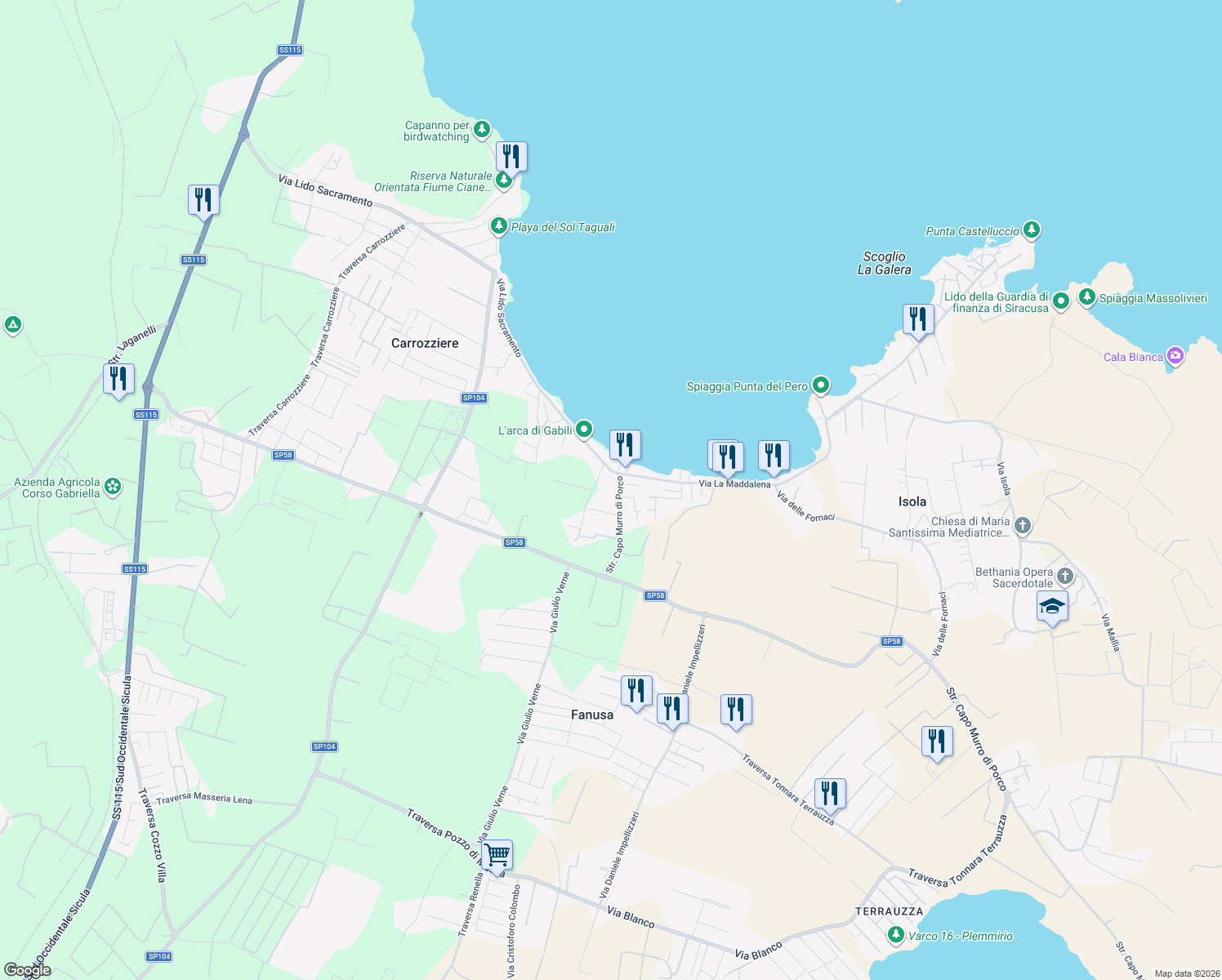 map of restaurants, bars, coffee shops, grocery stores, and more near 2 Strada Capo Murro di Porco in Carrozziere