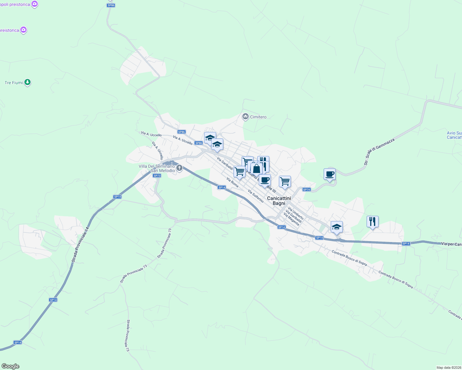 map of restaurants, bars, coffee shops, grocery stores, and more near 120 Via Silvio Pellico in Canicattini Bagni
