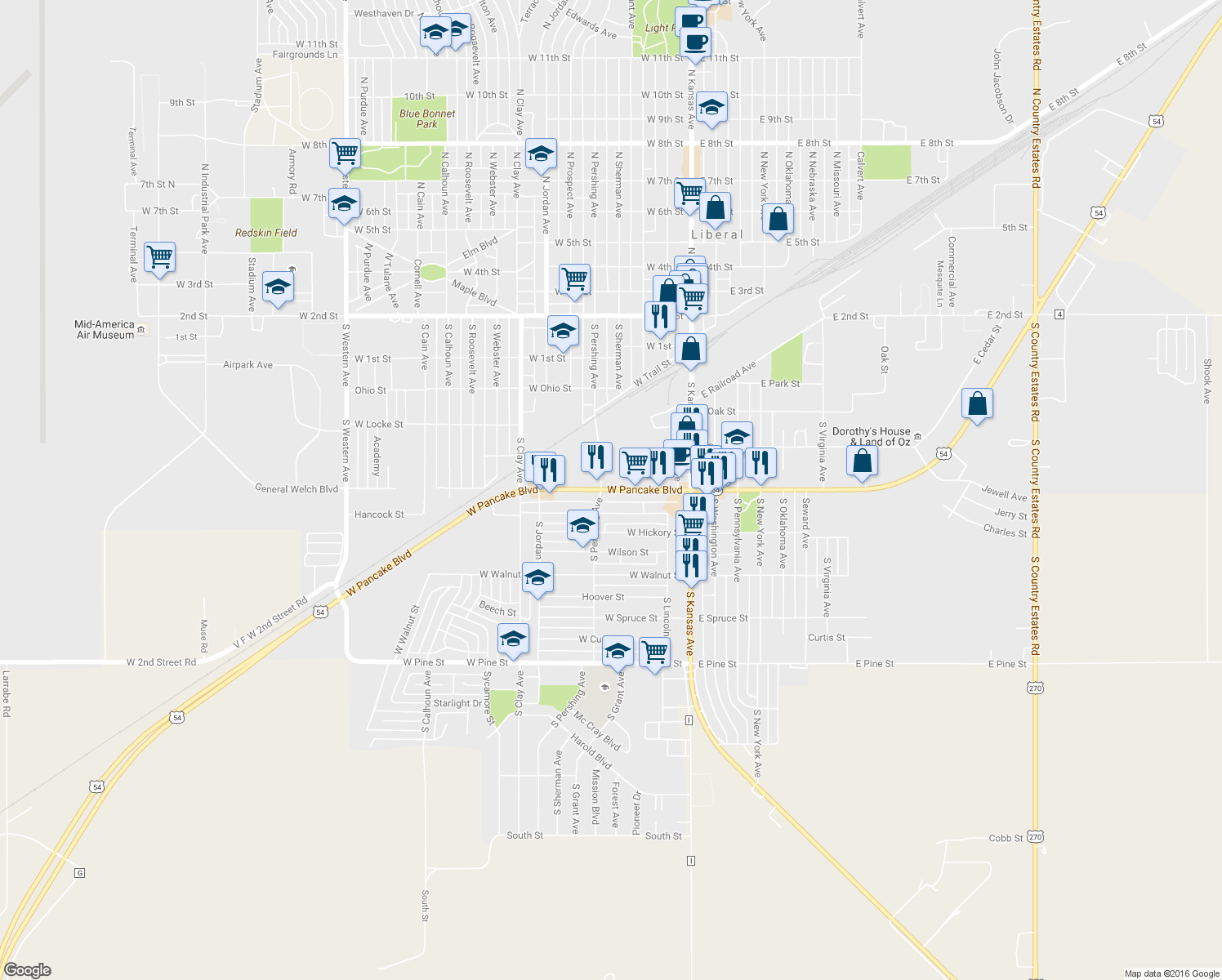 map of restaurants, bars, coffee shops, grocery stores, and more near 348 West Pancake Boulevard in Liberal