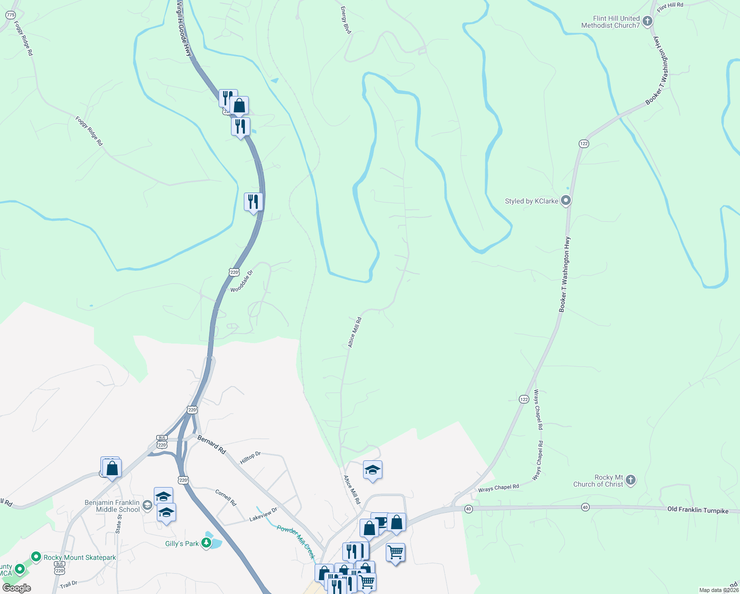 map of restaurants, bars, coffee shops, grocery stores, and more near 1073 Altice Mill Road in Rocky Mount