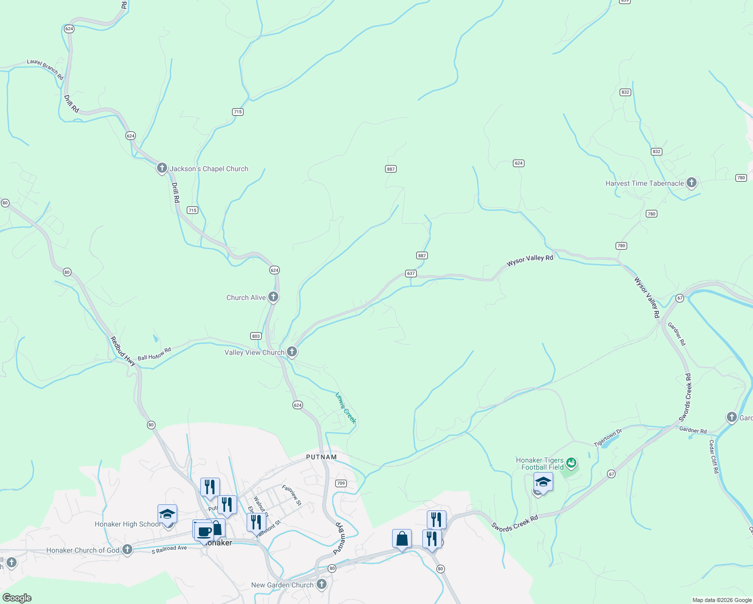 map of restaurants, bars, coffee shops, grocery stores, and more near 2-98 Aspen Court in Honaker