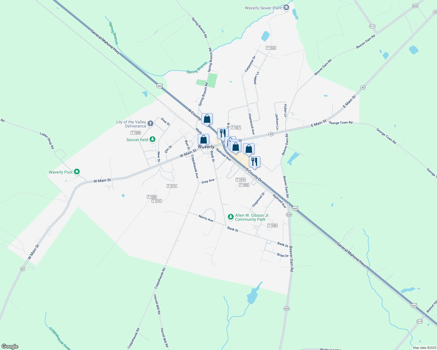 map of restaurants, bars, coffee shops, grocery stores, and more near 145 Bank Street in Waverly