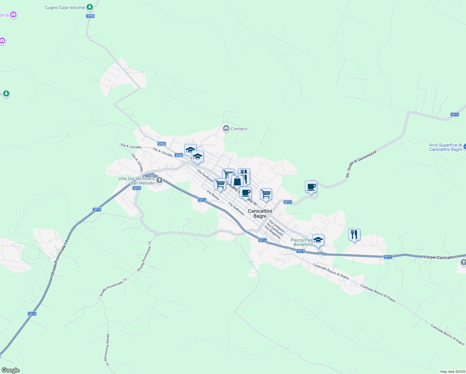 map of restaurants, bars, coffee shops, grocery stores, and more near 126 Via Vittorio Emanuele III in Canicattini Bagni
