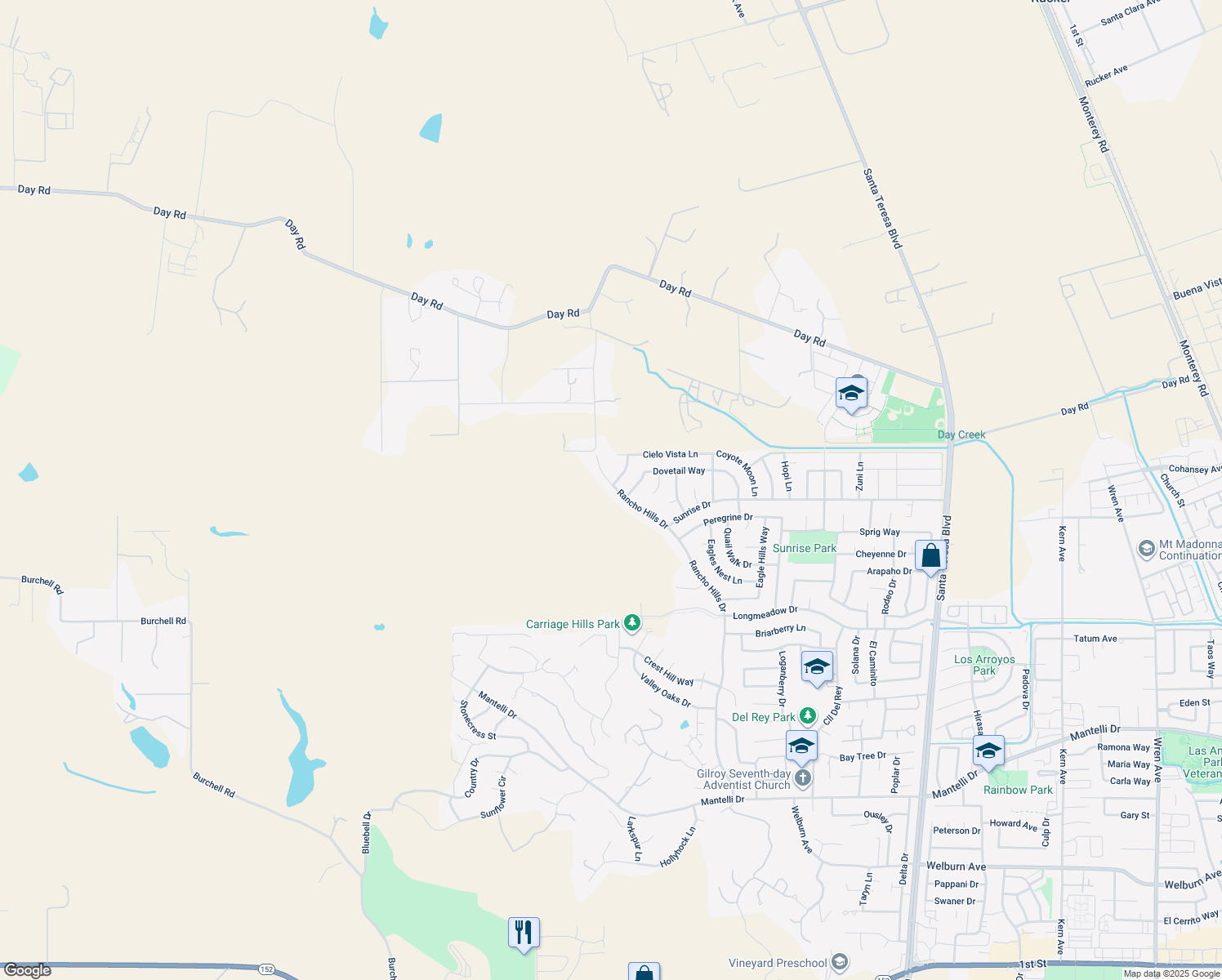 map of restaurants, bars, coffee shops, grocery stores, and more near 9881 Rancho Hills Drive in Gilroy