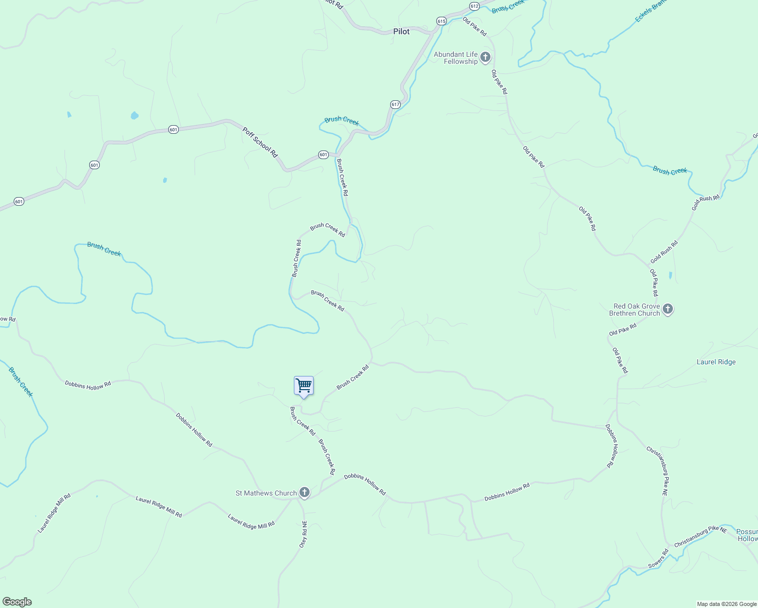 map of restaurants, bars, coffee shops, grocery stores, and more near 5320 Brush Creek Road in Riner