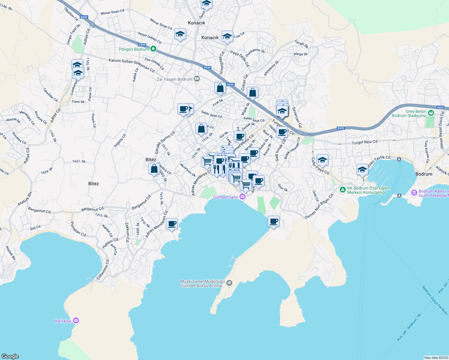 map of restaurants, bars, coffee shops, grocery stores, and more near 8 Yarbay Sabri Ergüden Sokak (Zengin Hüseyin Sk.) in Bodrum