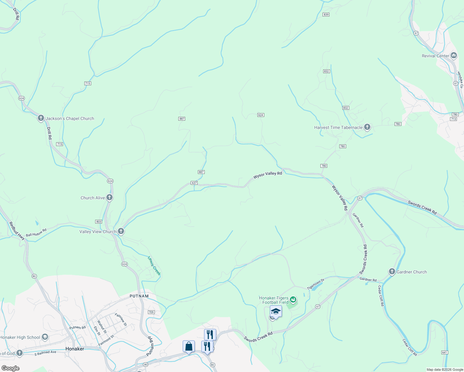 map of restaurants, bars, coffee shops, grocery stores, and more near Wysor Valley Road in Russell County