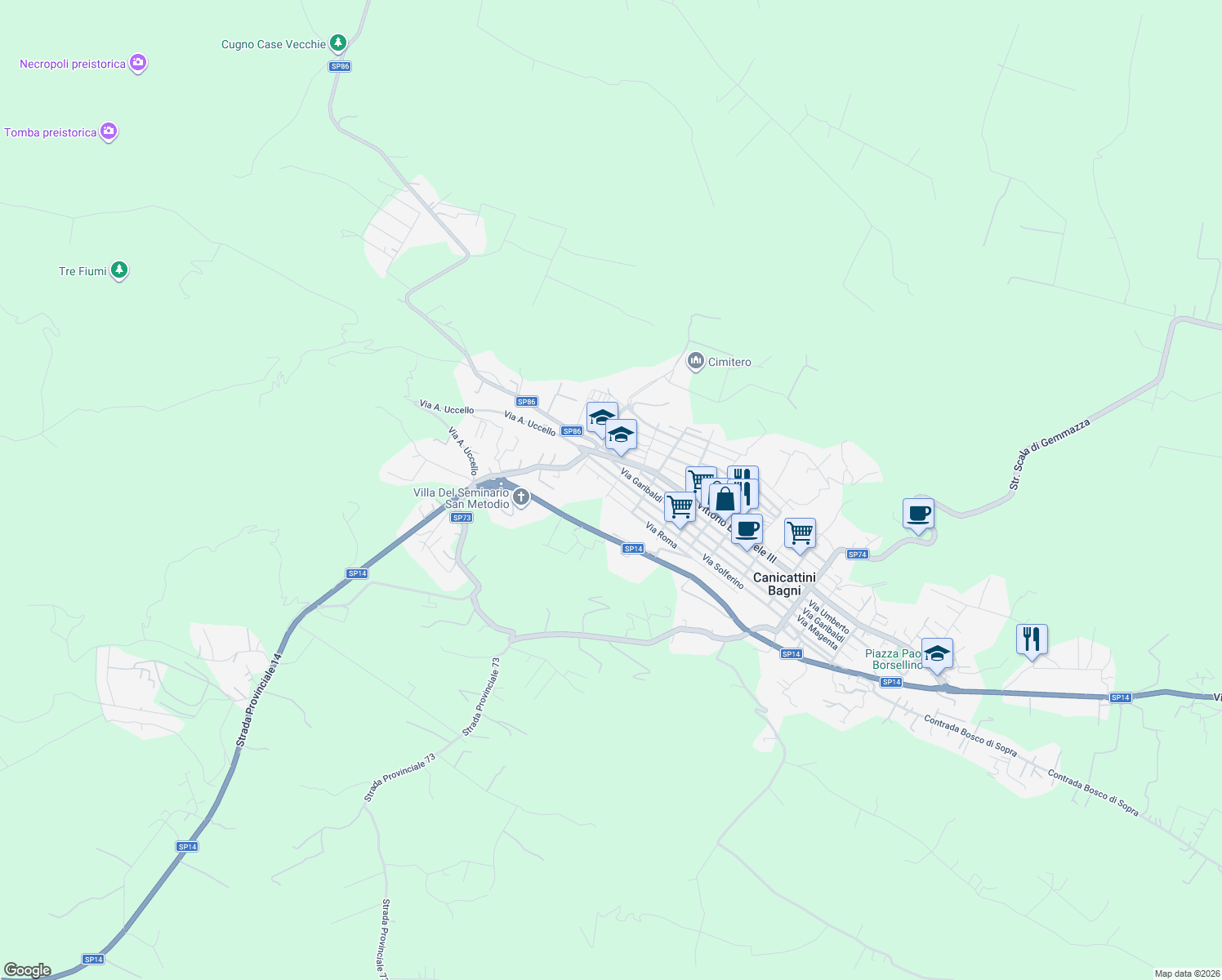 map of restaurants, bars, coffee shops, grocery stores, and more near 21 Via Arturo Basile in Canicattini Bagni