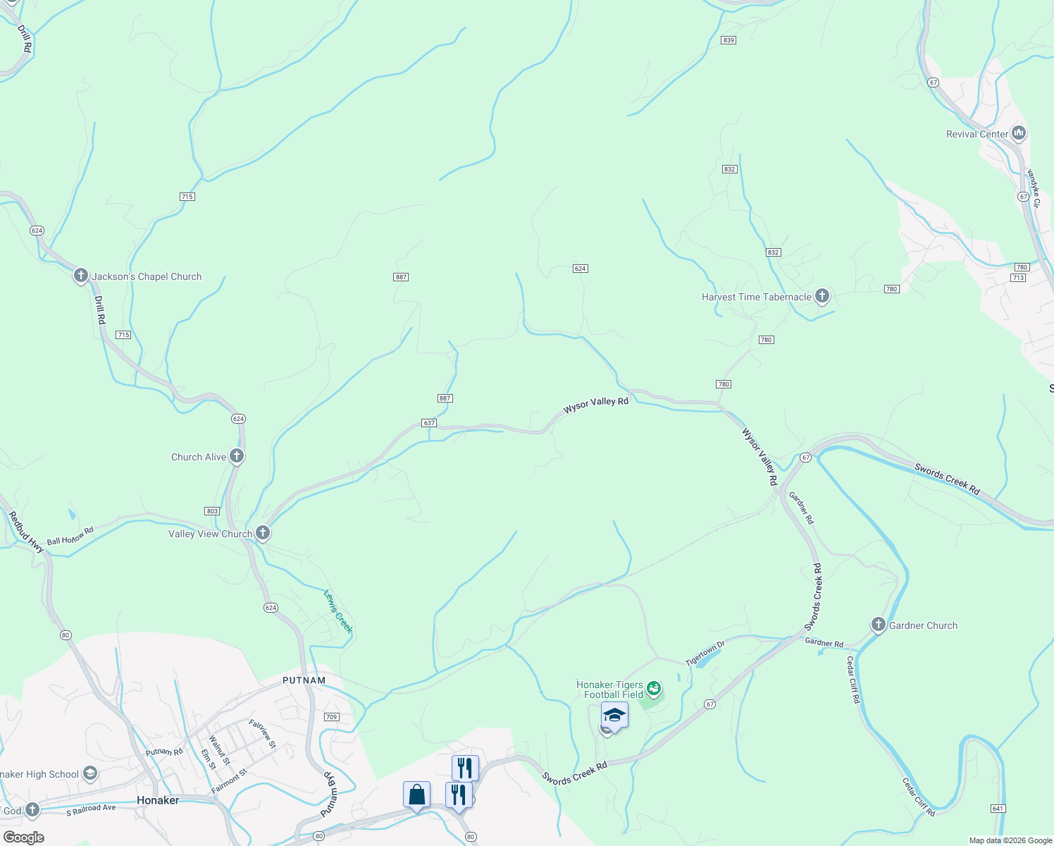 map of restaurants, bars, coffee shops, grocery stores, and more near Wysor Valley in Honaker