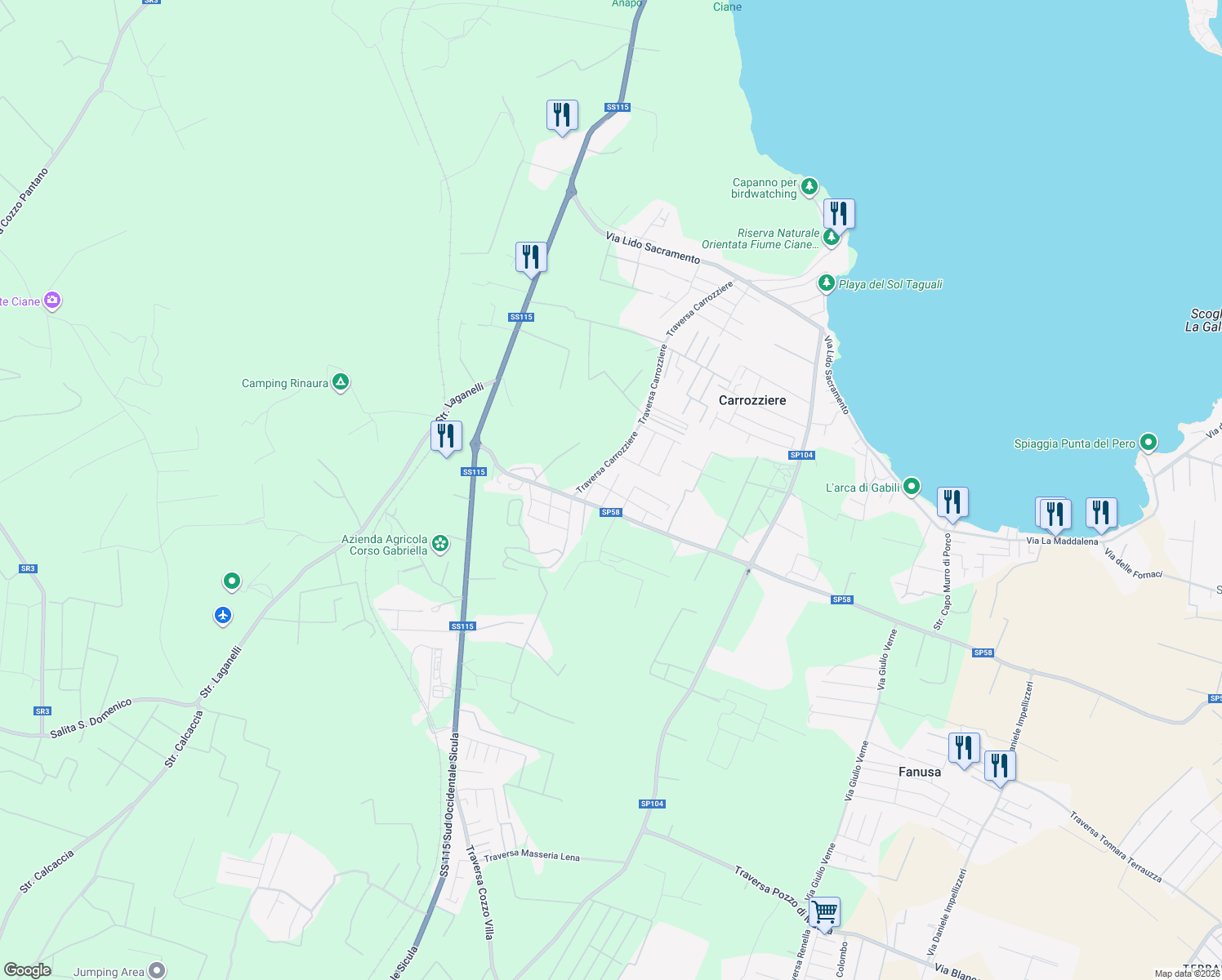 map of restaurants, bars, coffee shops, grocery stores, and more near 3 Via della Colomba in Carrozziere