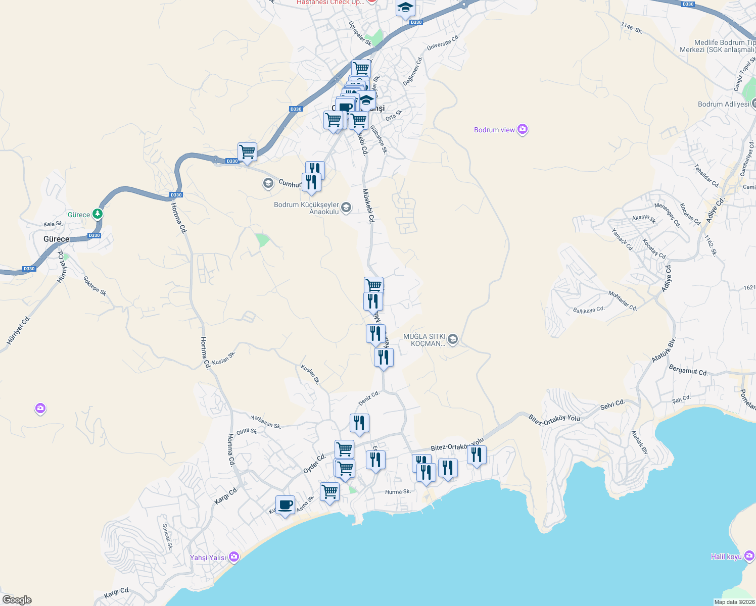 map of restaurants, bars, coffee shops, grocery stores, and more near Müskebi Caddesi in Bodrum